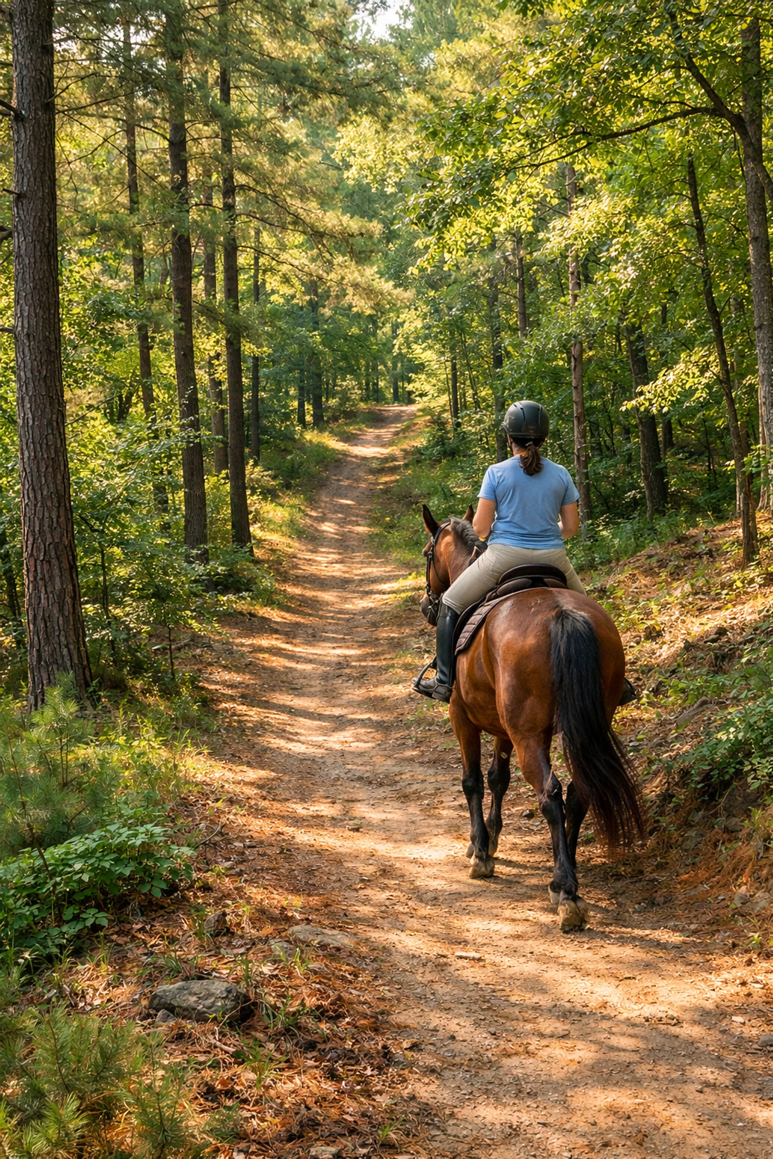 Horse and rider on wooded trail in York County South Carolina