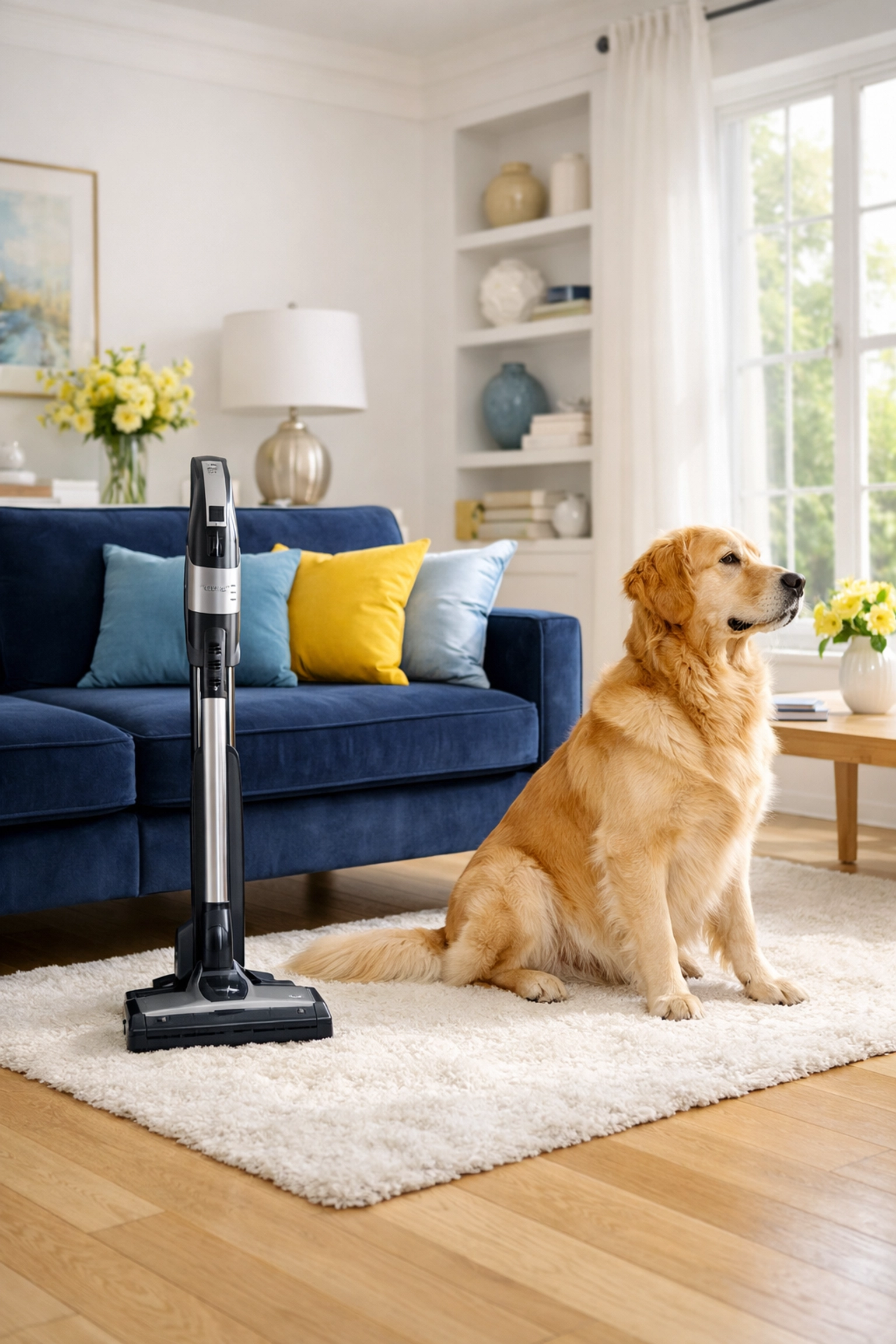 Golden Retriever on a rug in a clean Weston home with vacuumed light oak hardwood floors.