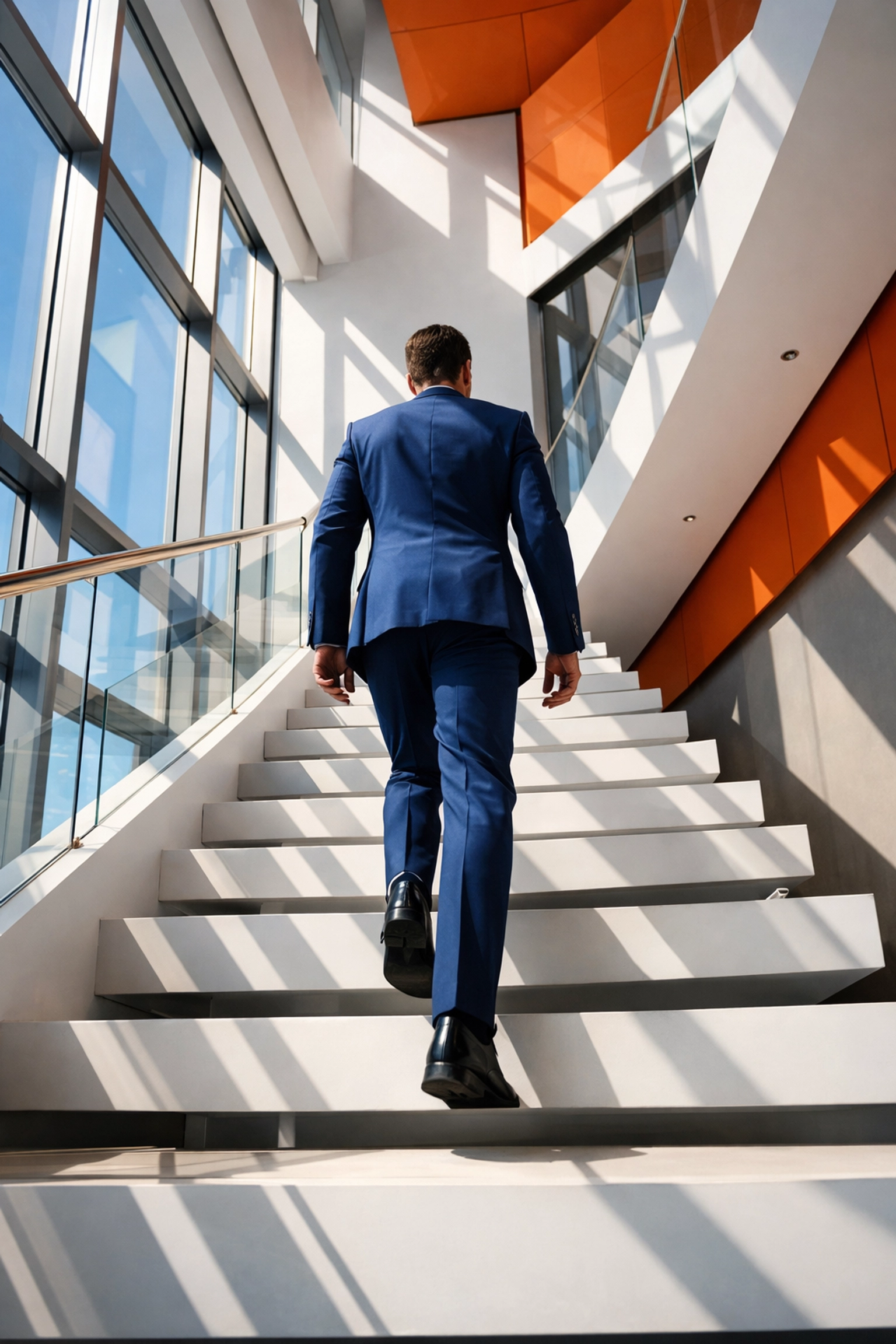 A business owner ascending a modern staircase representing the Vision Fox exit planning ladder.