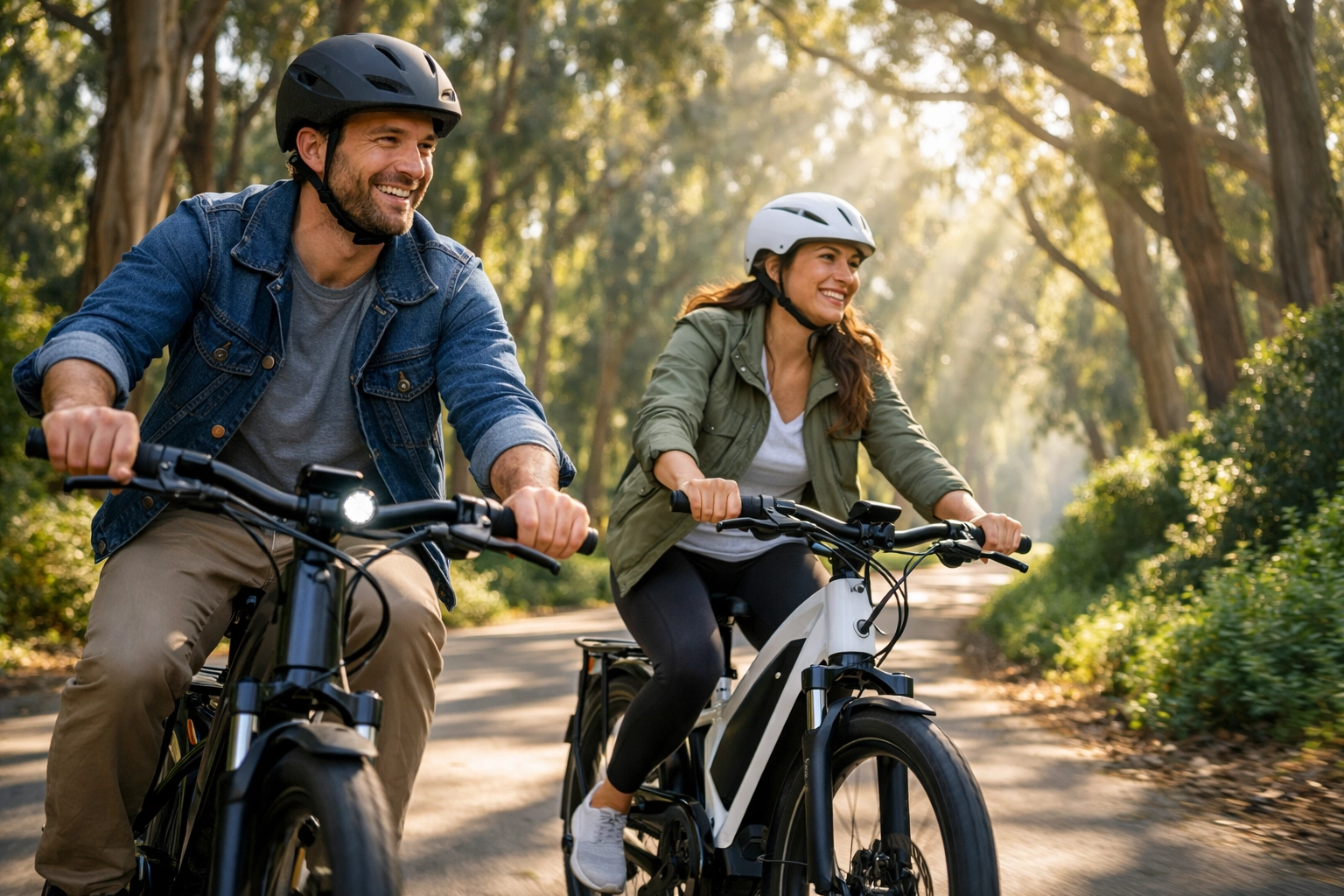 Two cyclists riding electric bikes through tree-lined path in golden gate park