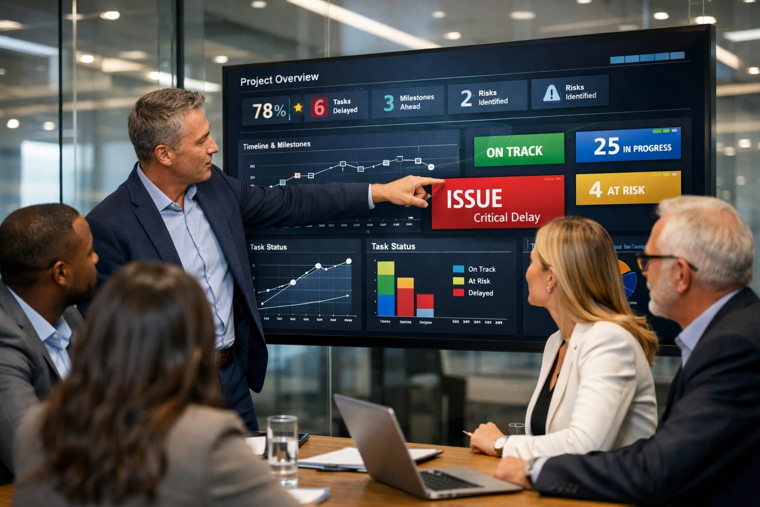 Leadership team reviewing real-time delivery metrics and project dashboards