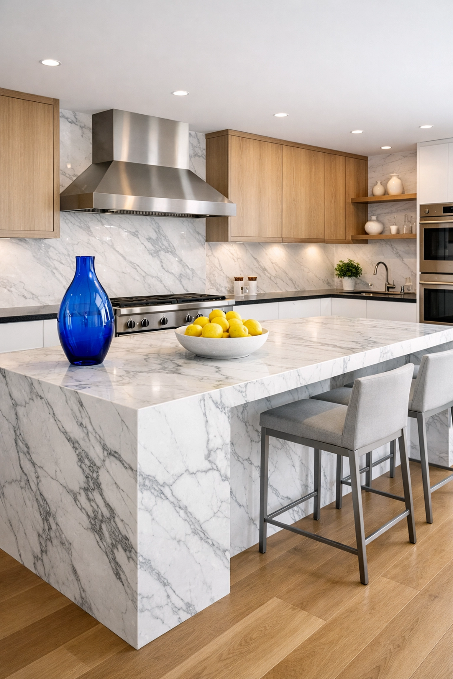 Pristine white marble kitchen in a Lincoln home illustrating high-end professional cleaning standards.