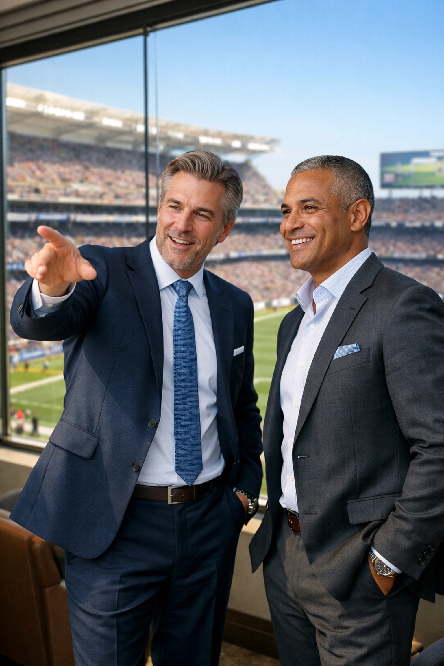 Executives networking in a luxury stadium skybox during a Super Bowl hospitality event.