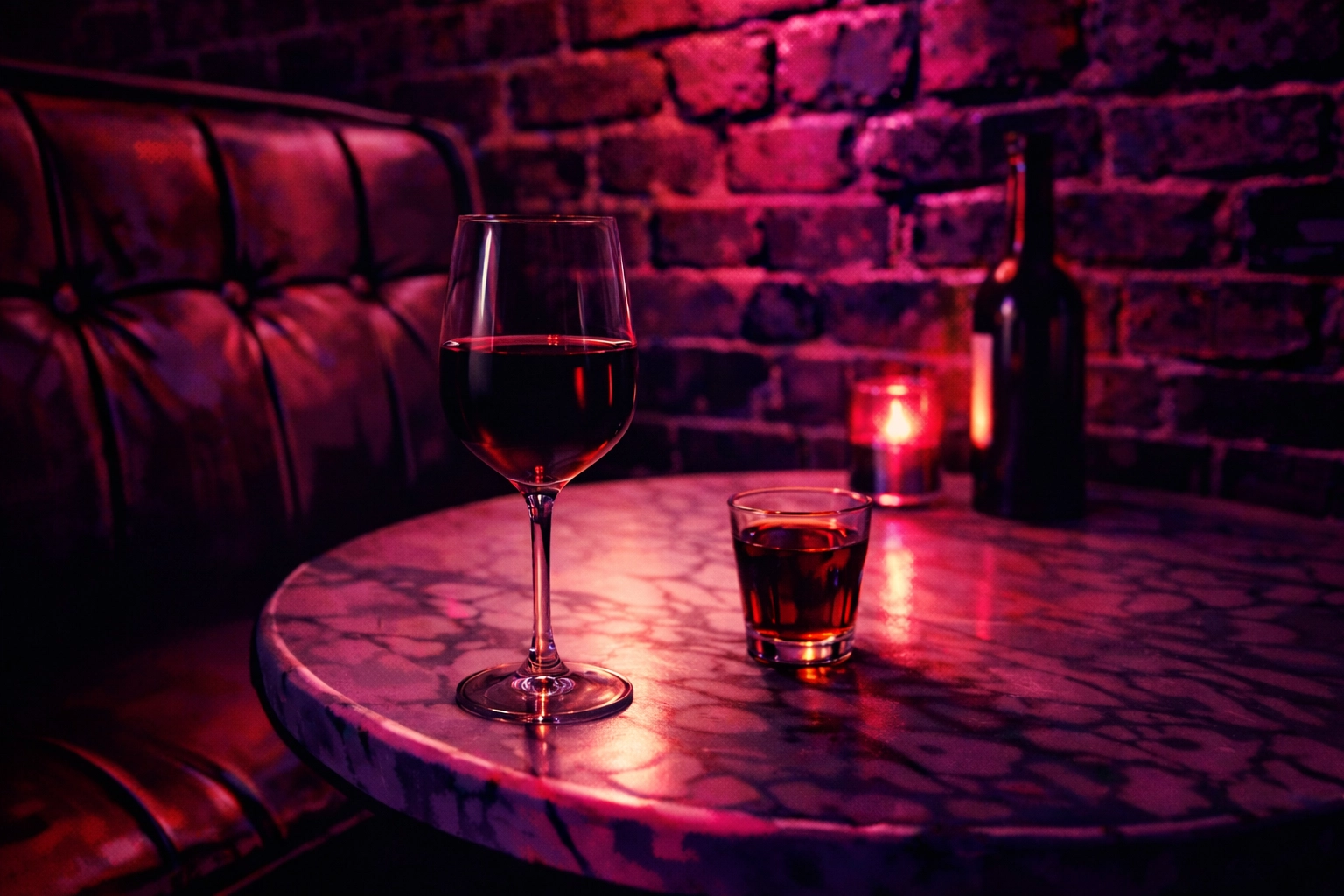 Intimate corner table with a glass of vermouth at a moody wine bar in Fort Lauderdale