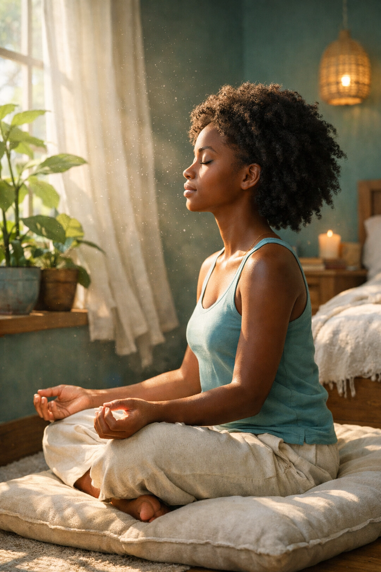Teenage girl practicing deep breathing and mindfulness techniques to find inner peace.