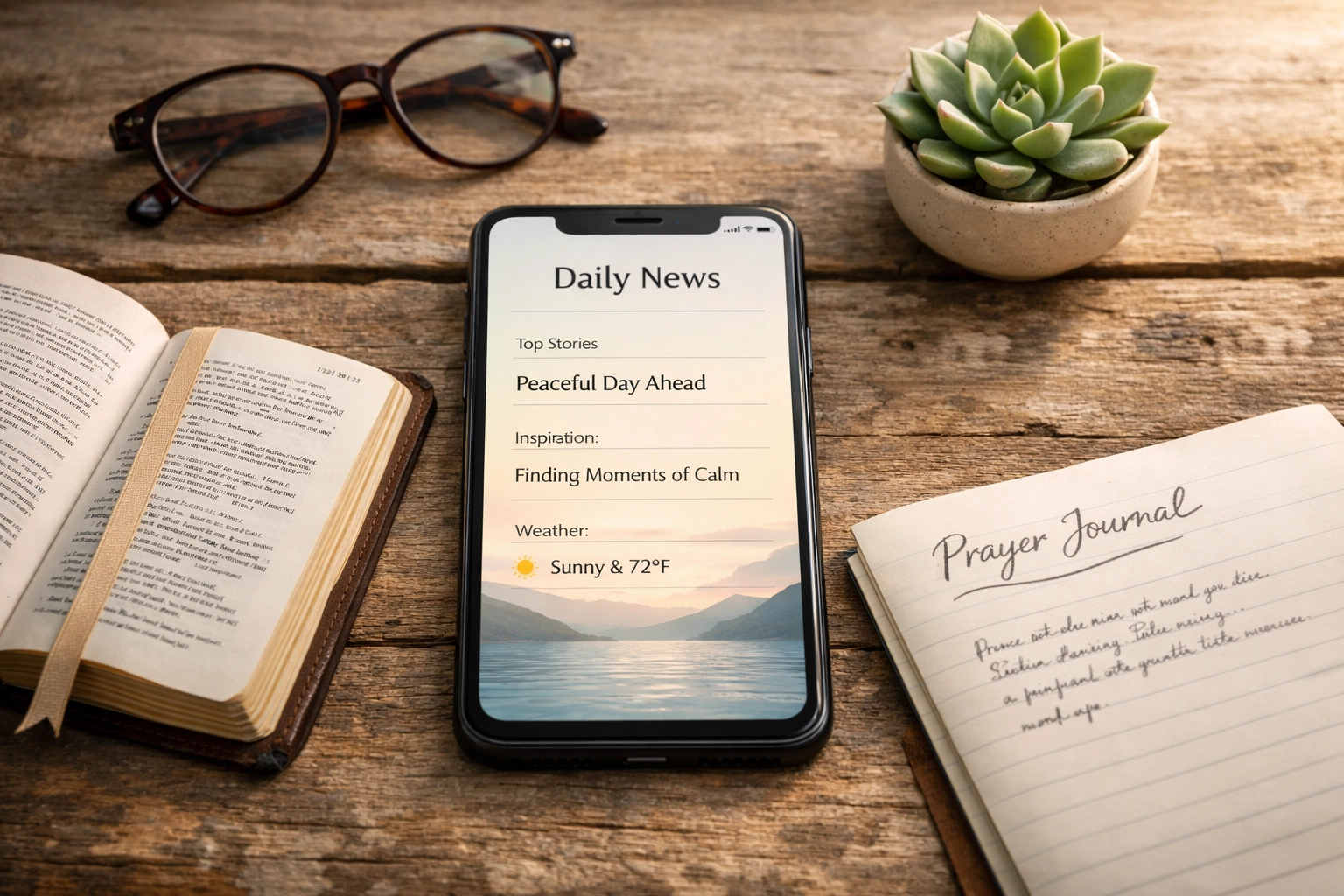 Smartphone with minimalist news app surrounded by Bible and prayer journal on wooden table