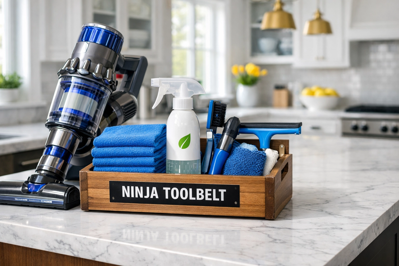 Professional deep cleaning MA supplies including a HEPA vacuum and microfiber cloths in a modern kitchen.