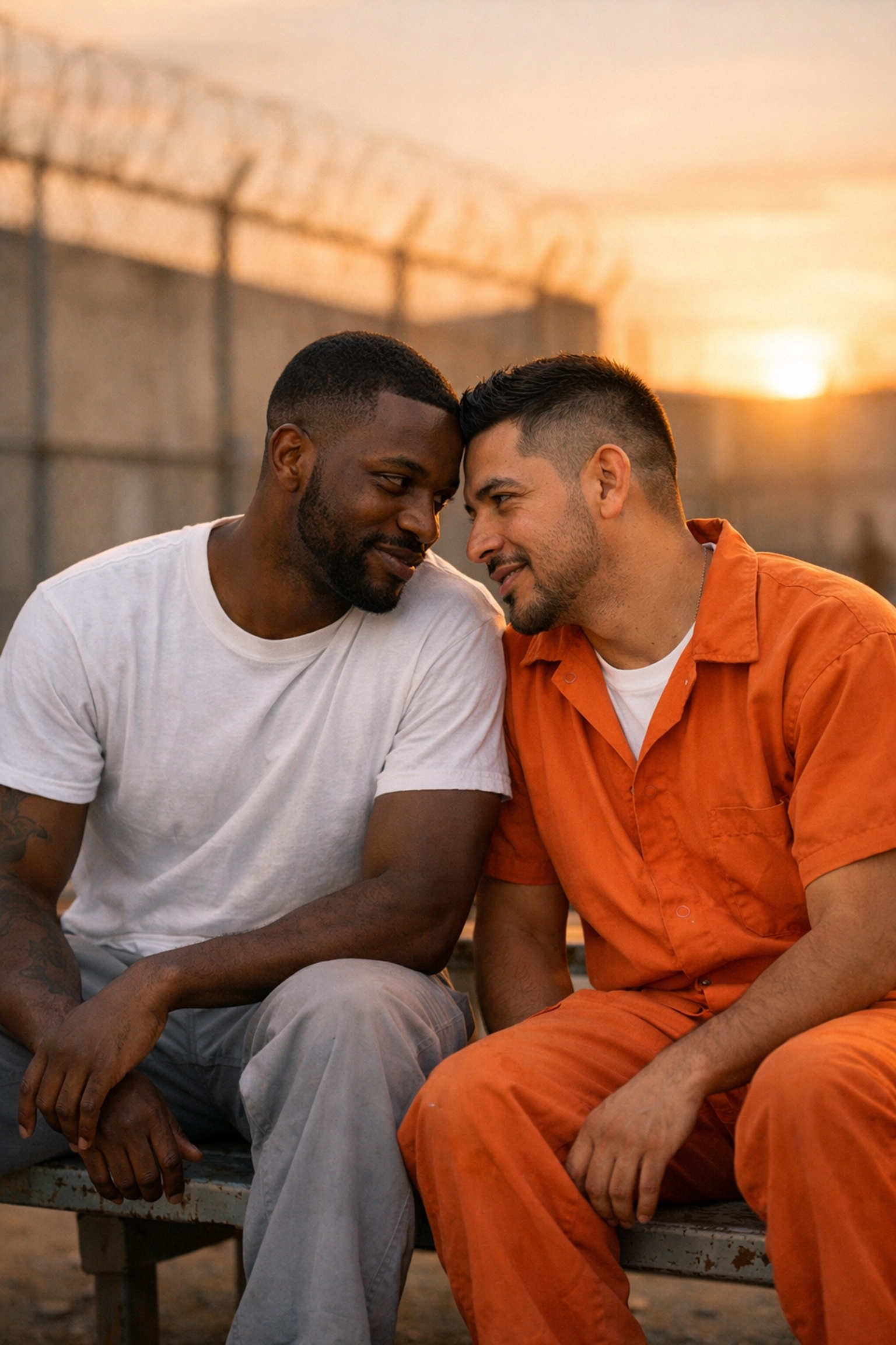 Gay men sharing intimate conversation on prison yard bench at sunset