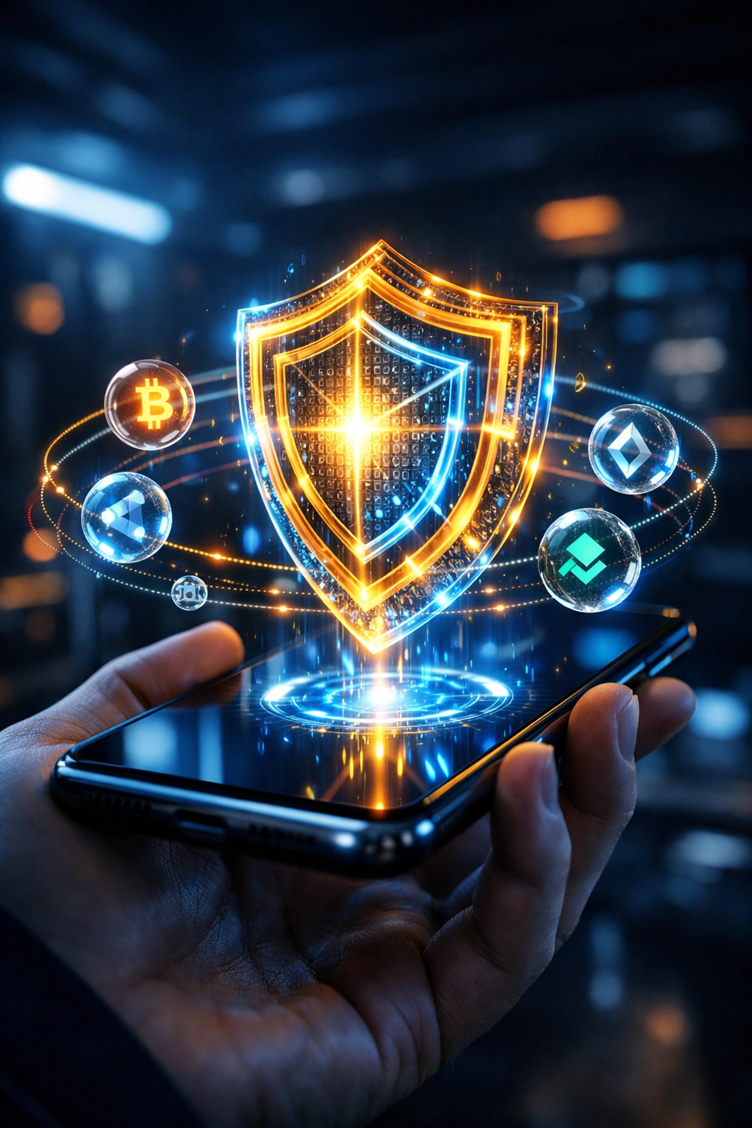 Secure Larecoin smart wallet on a smartphone featuring a holographic shield and decentralized blockchain assets.