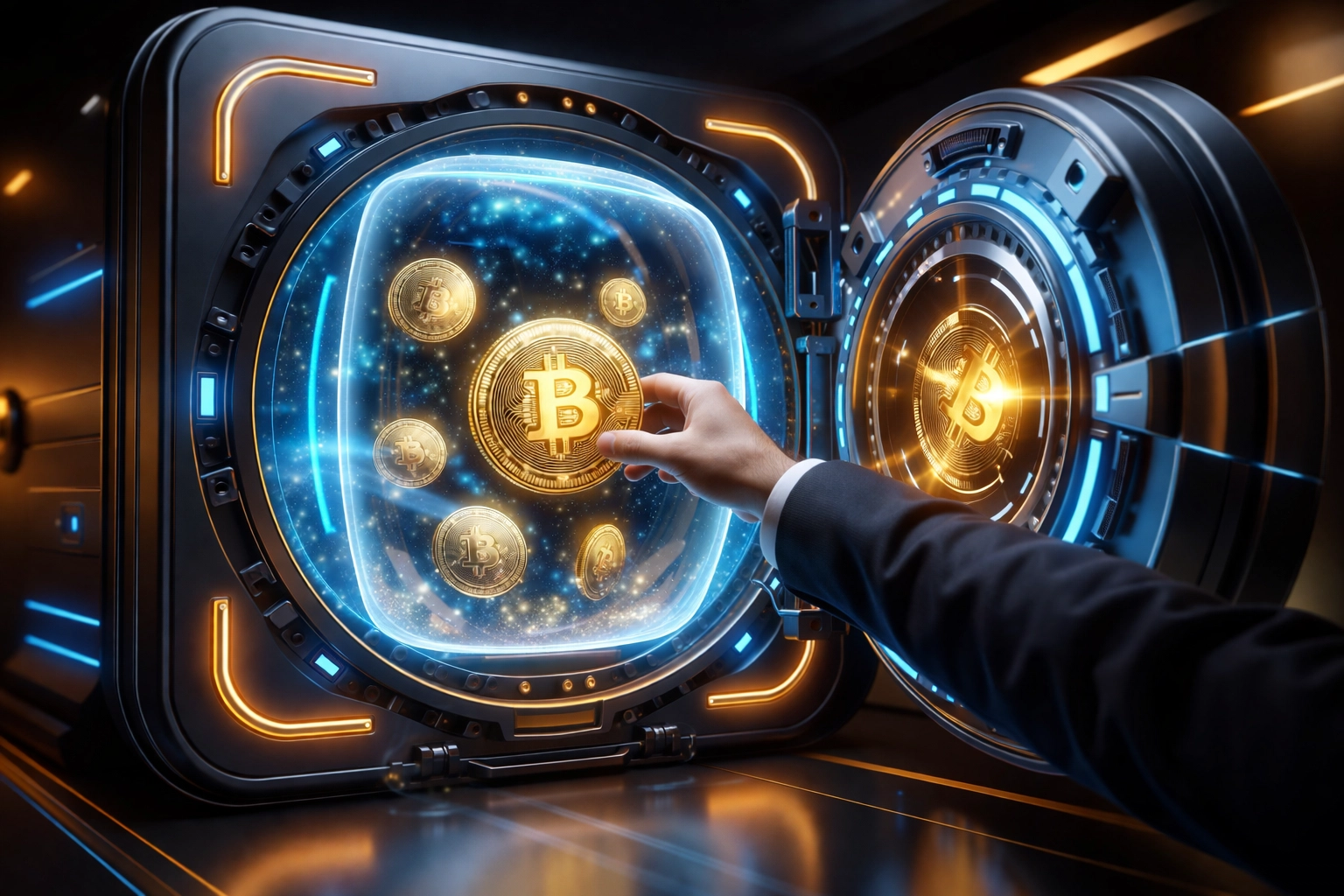 A small business owner accesses cryptocurrency funds securely in a futuristic vault, highlighting self-custody and financial freedom with Larecoin.
