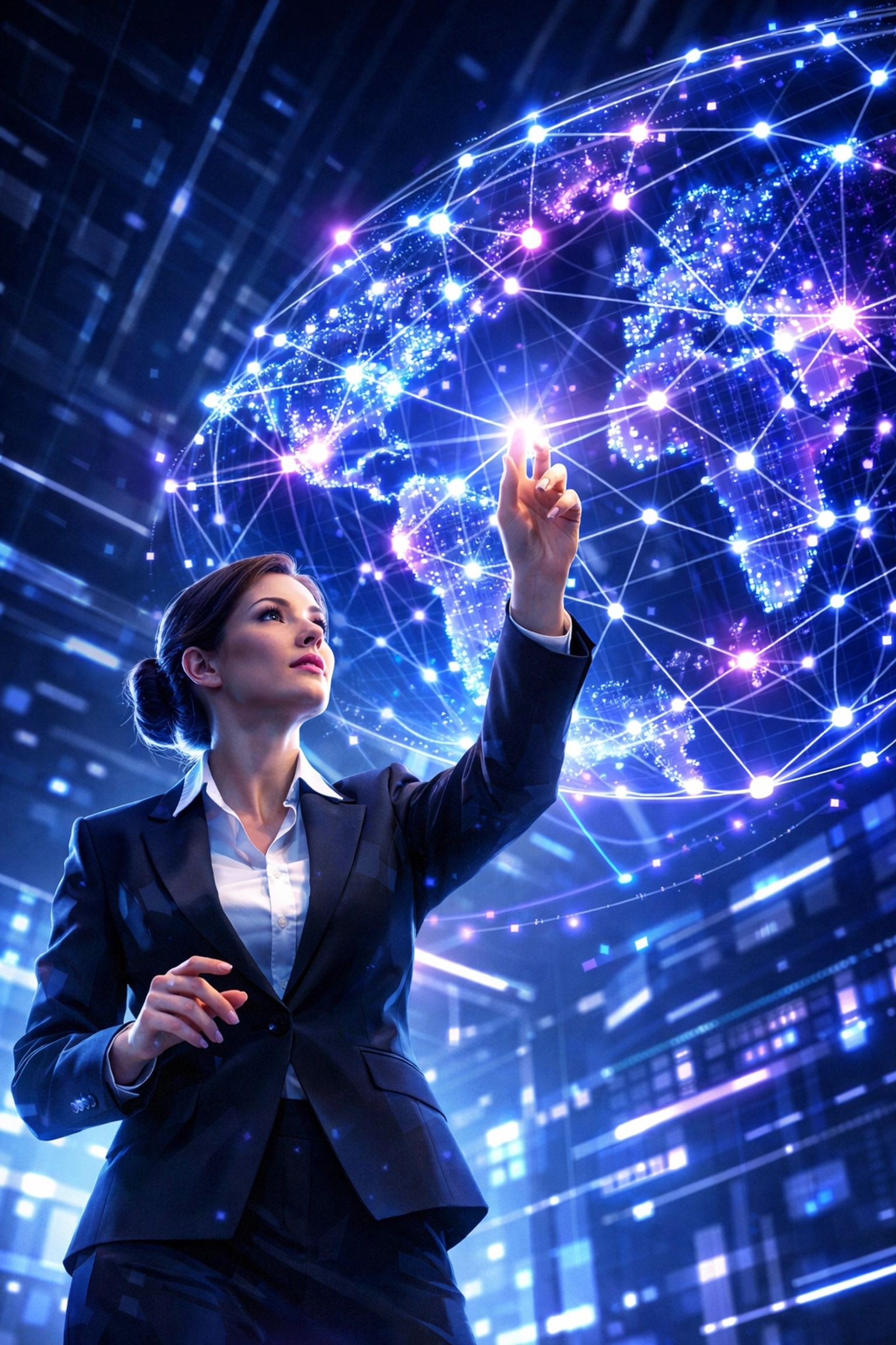 Mitarbeiter am modernen Arbeitsplatz nutzt digitale Hologramme zur Demonstration wichtiger KI-Skills.