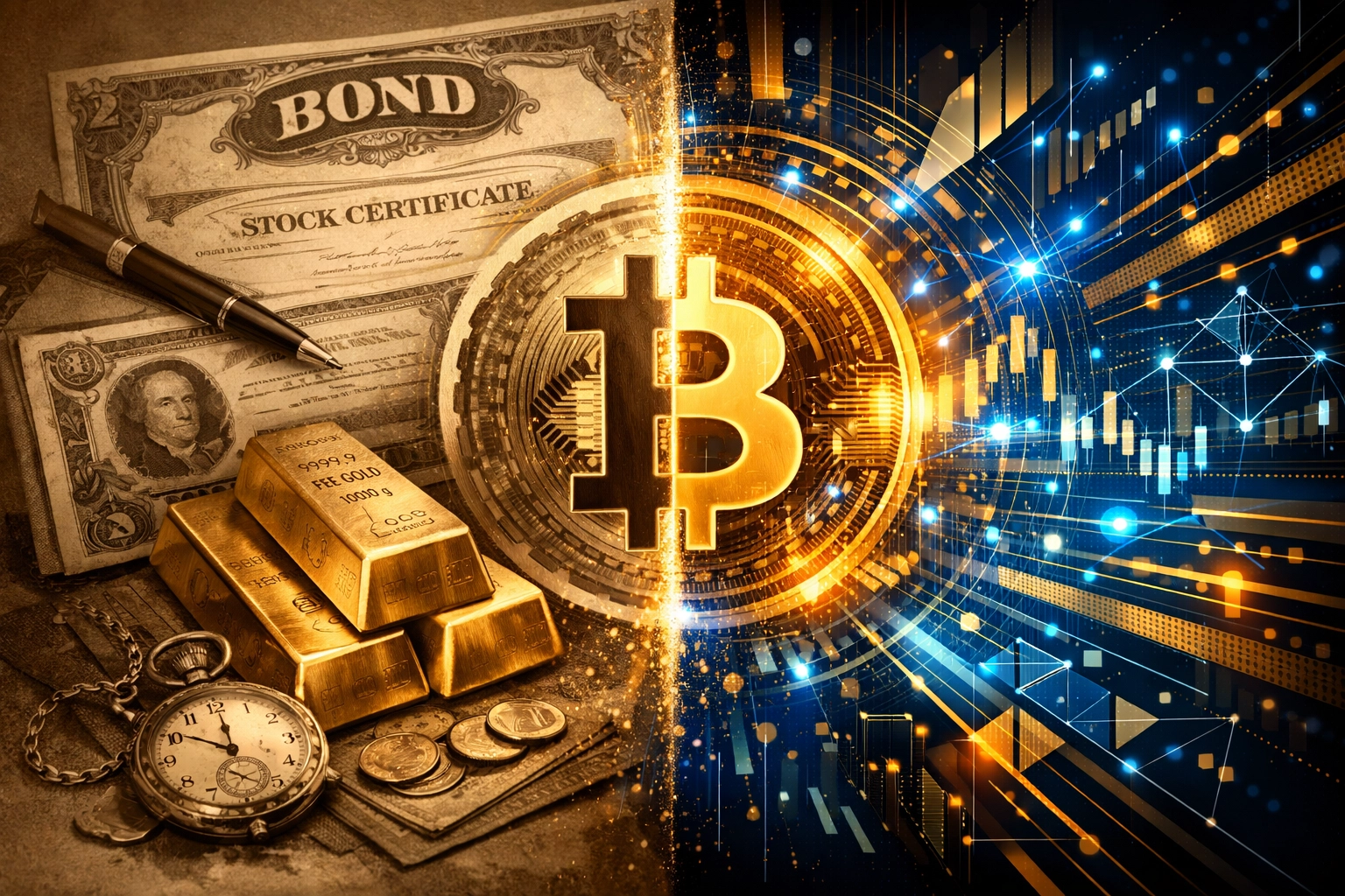 Traditional financial assets integrating with Bitcoin and digital assets for institutional portfolios in 2026