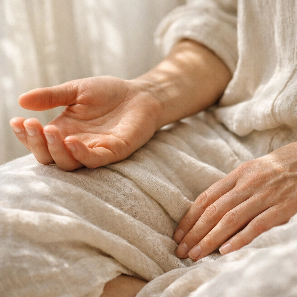 Close-up of hands resting mindfully to show somatic awareness and listening to internal body signals.