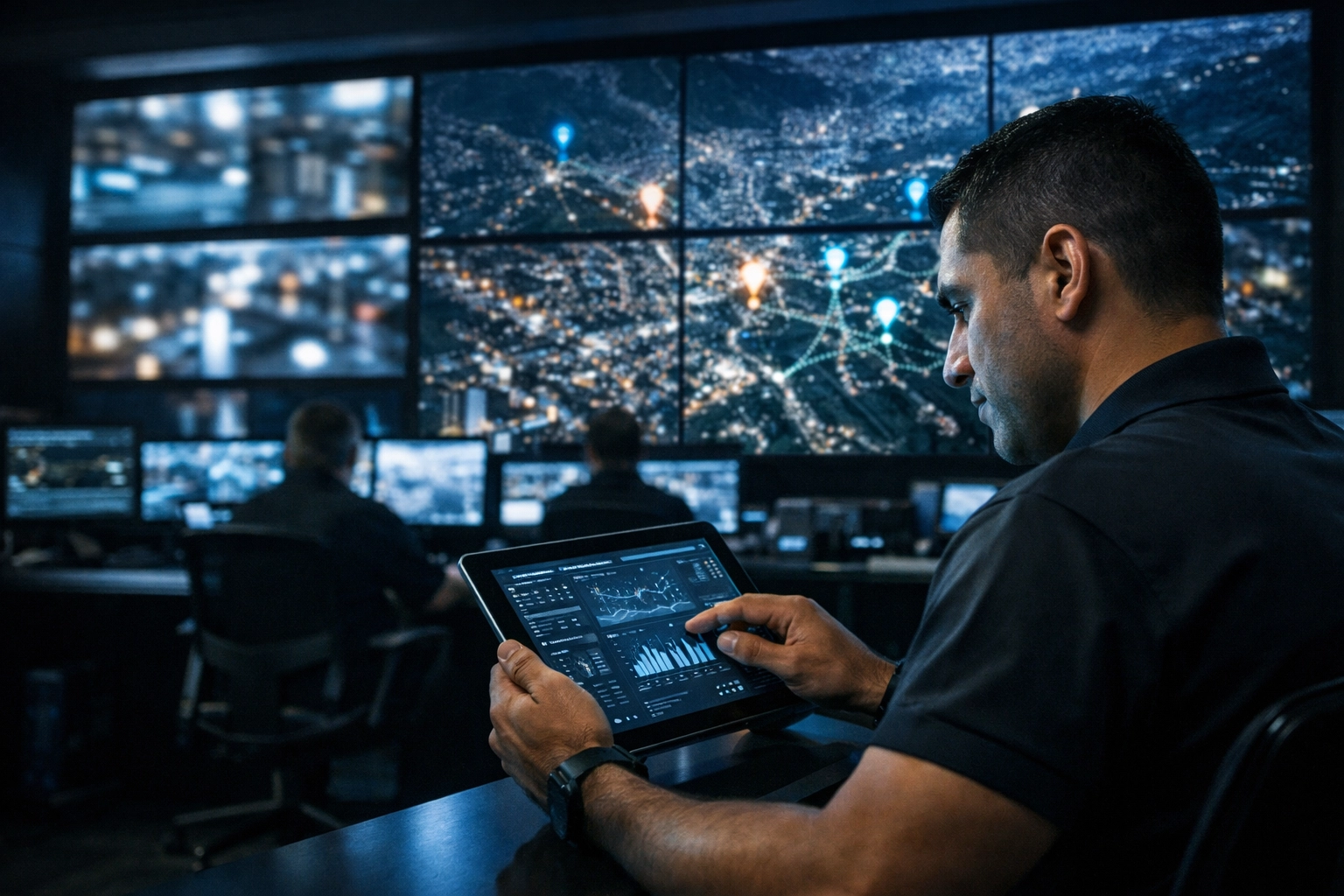 High-tech security command center in Medellin monitoring real-time VIP protection and emergency response.