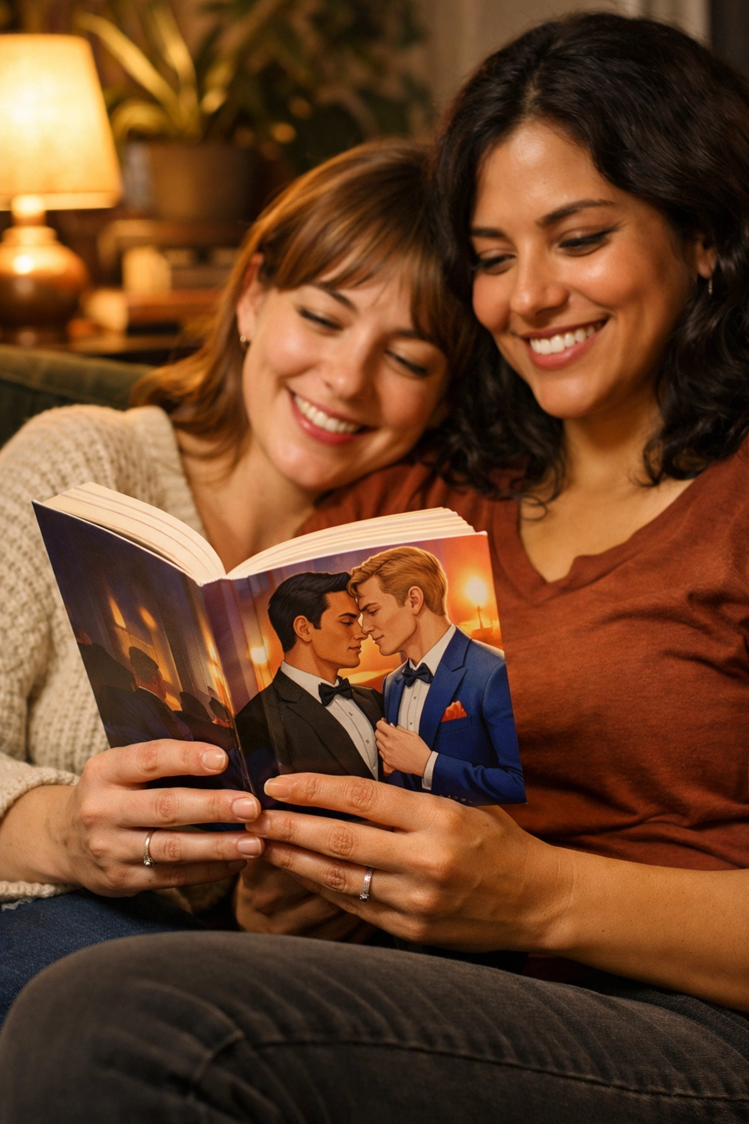 A lesbian couple reading an MM romance novel together, showcasing the joy of diverse LGBTQ+ fiction and stories.