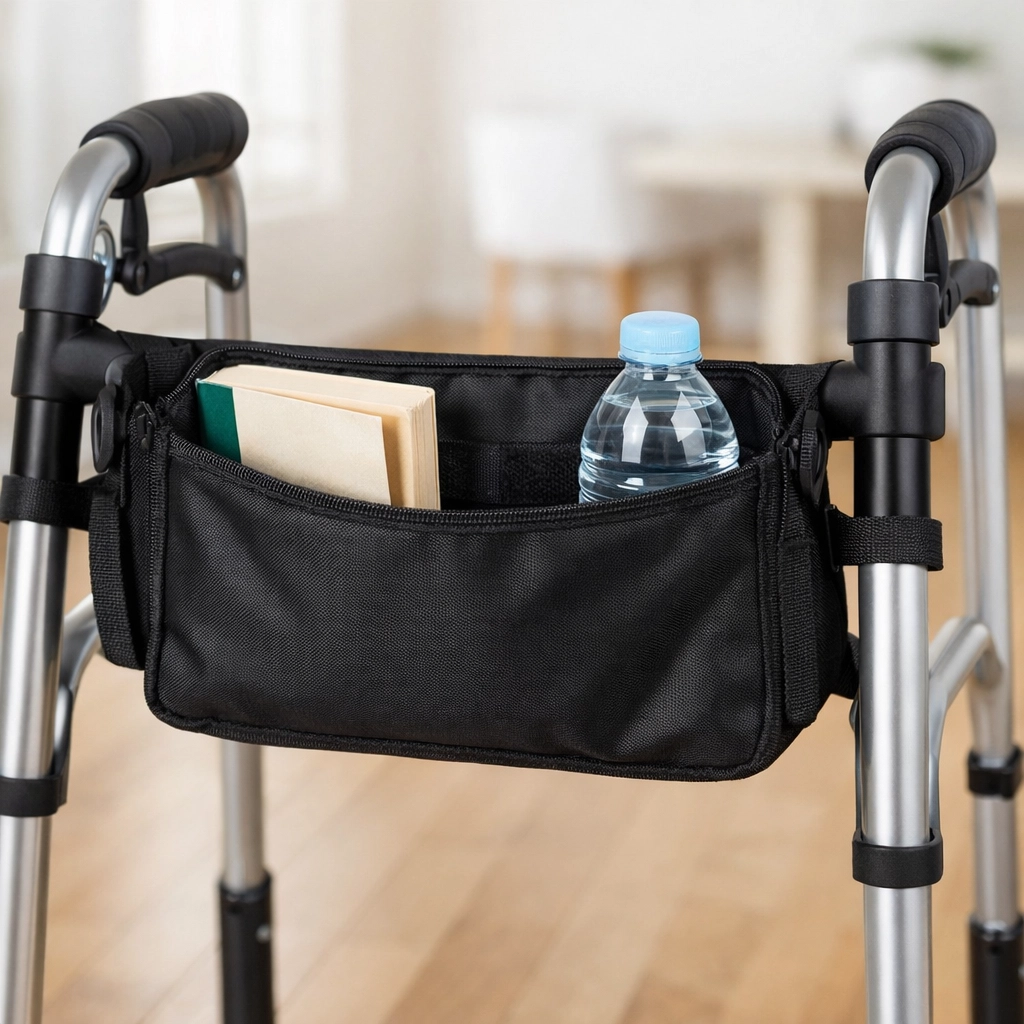 Safe walker storage using a center-mounted pouch to keep weight balanced and prevent walker tipping.