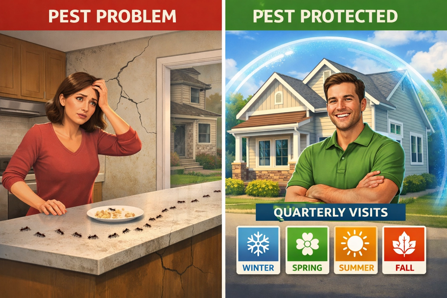 Comparison of home with pest problems versus home protected by year-round pest control