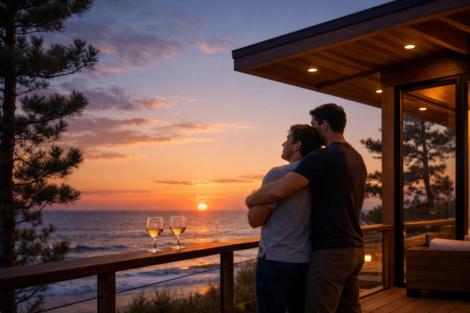 Gay couple embracing on Fire Island beach house deck overlooking ocean at dusk
