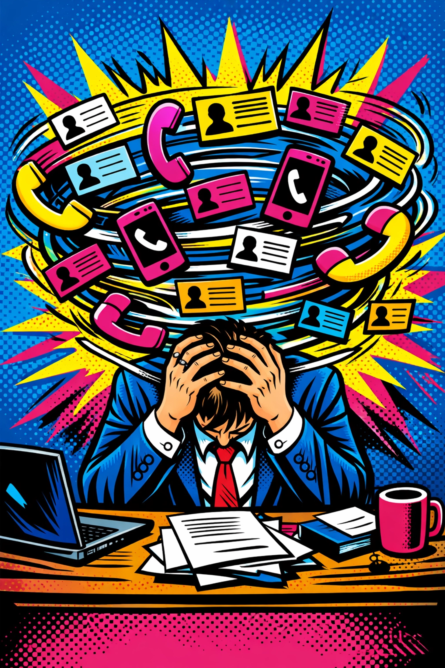 Frustrated business owner overwhelmed by cold calling contacts and phone calls