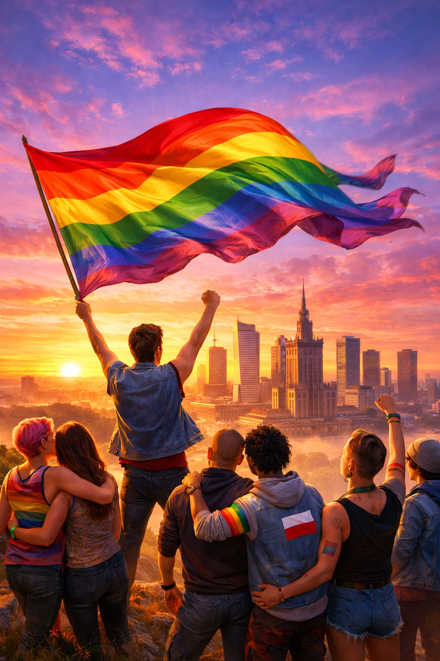 LGBTQ+ people raising a pride flag at sunrise, symbolizing the future of equality and queer visibility.