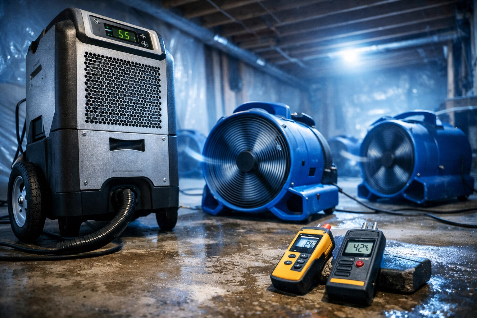 Professional dehumidifier and fans drying room during mold remediation process