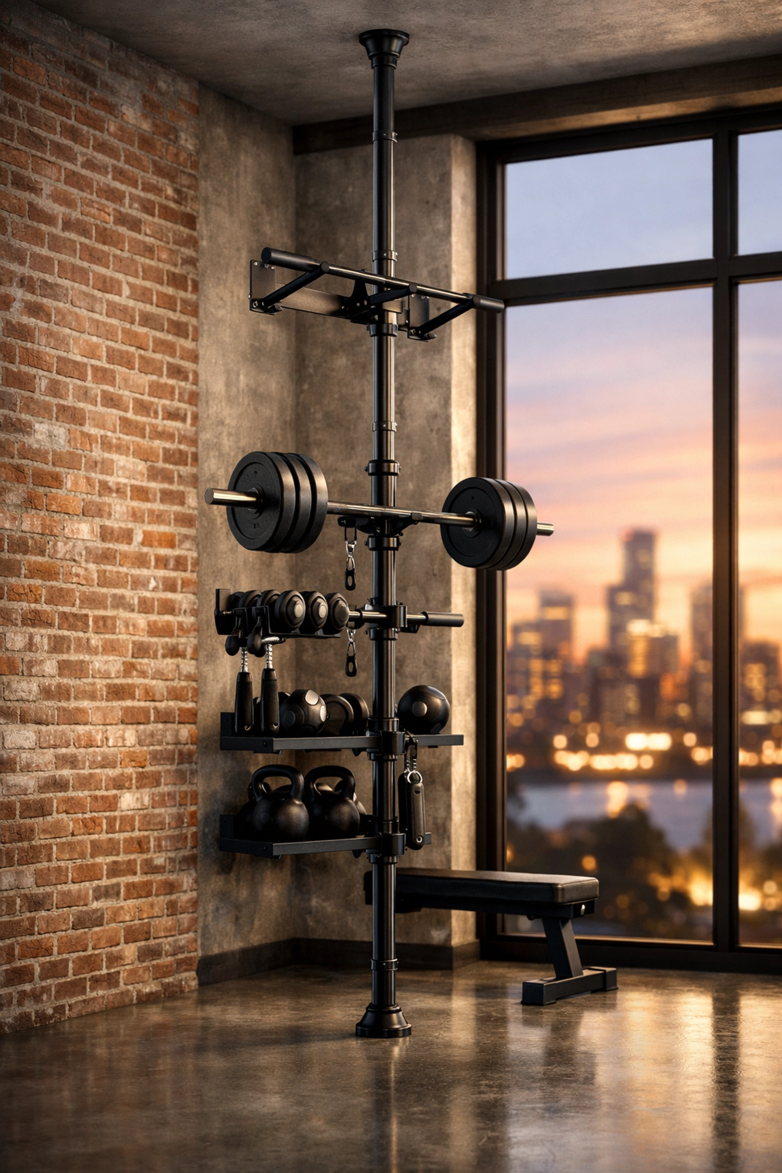 Floor to ceiling gym tension rail system for a no wall damage workout at home.