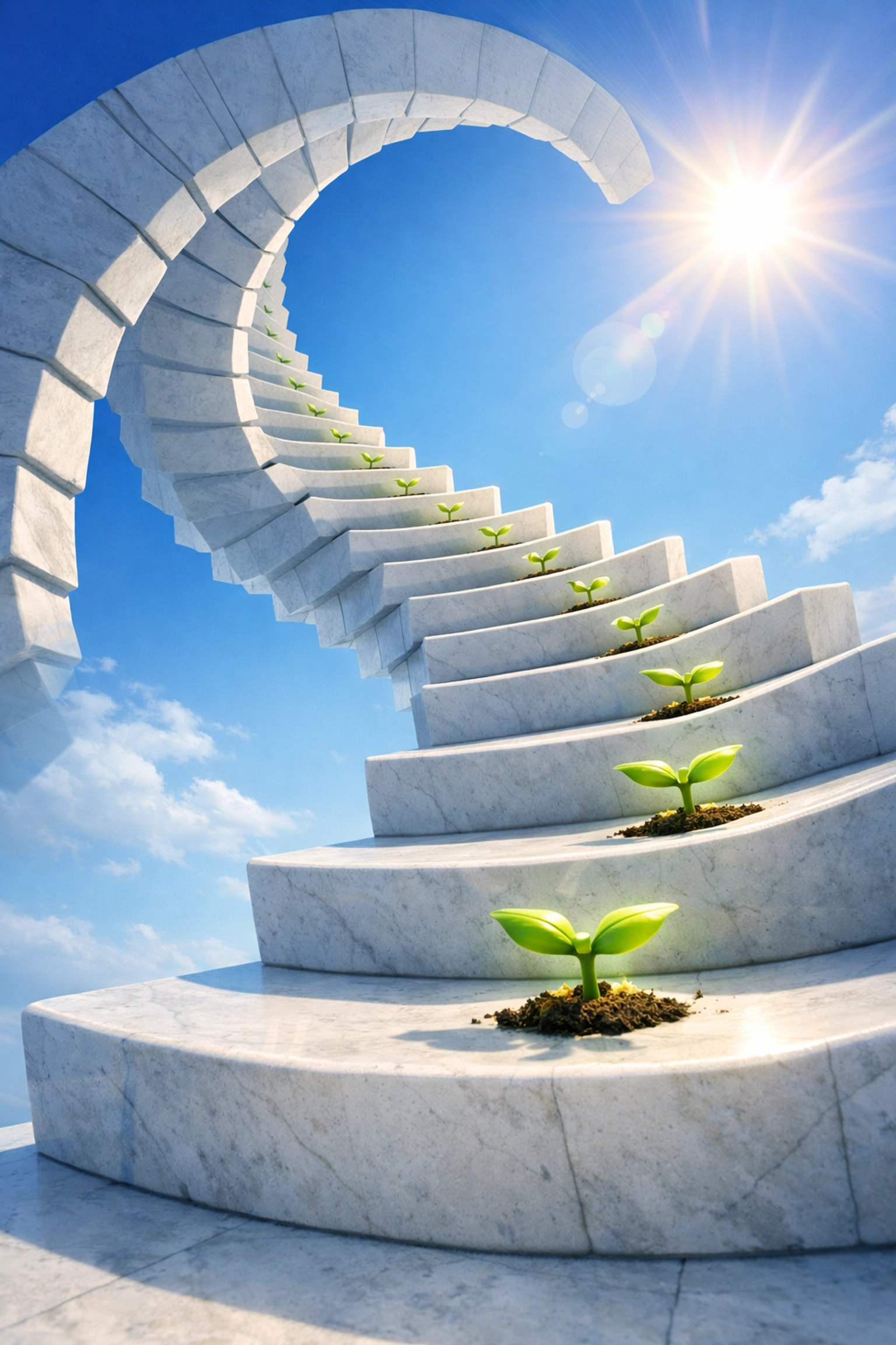 A rising staircase with small green plants symbolizing the growth of a long-term retirement savings strategy.
