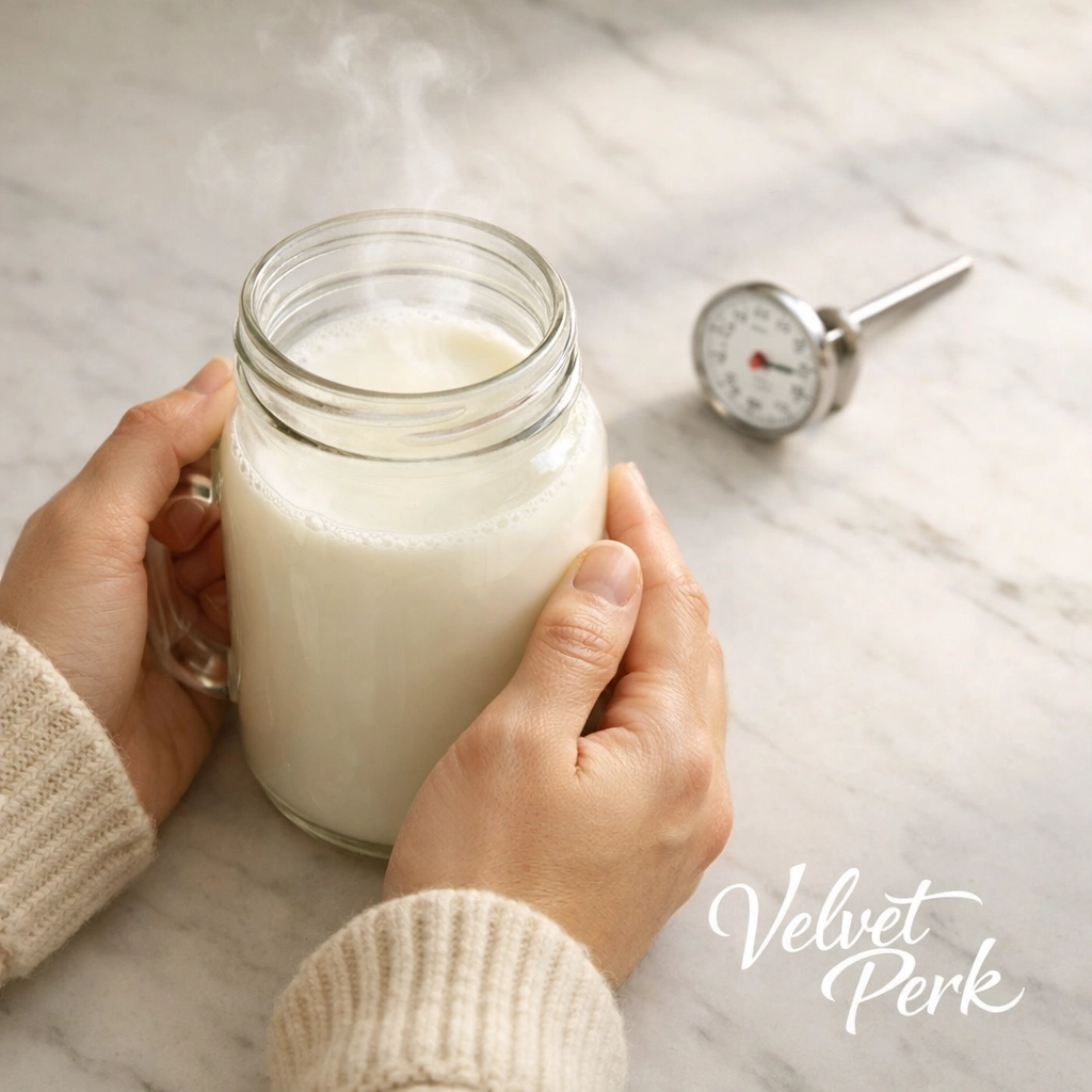 Heating milk in a mason jar with thermometer for homemade latte preparation