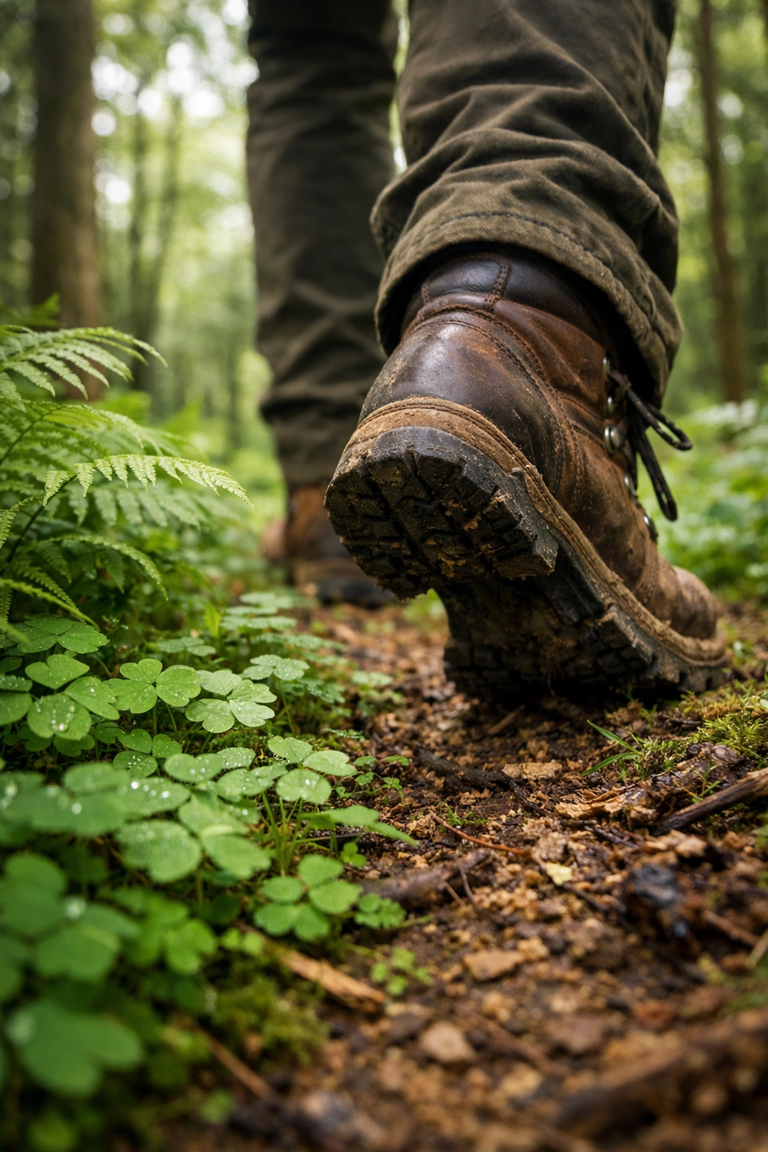 A hiker practicing pace counting on a forest trail for a wild camping guided UK expedition.