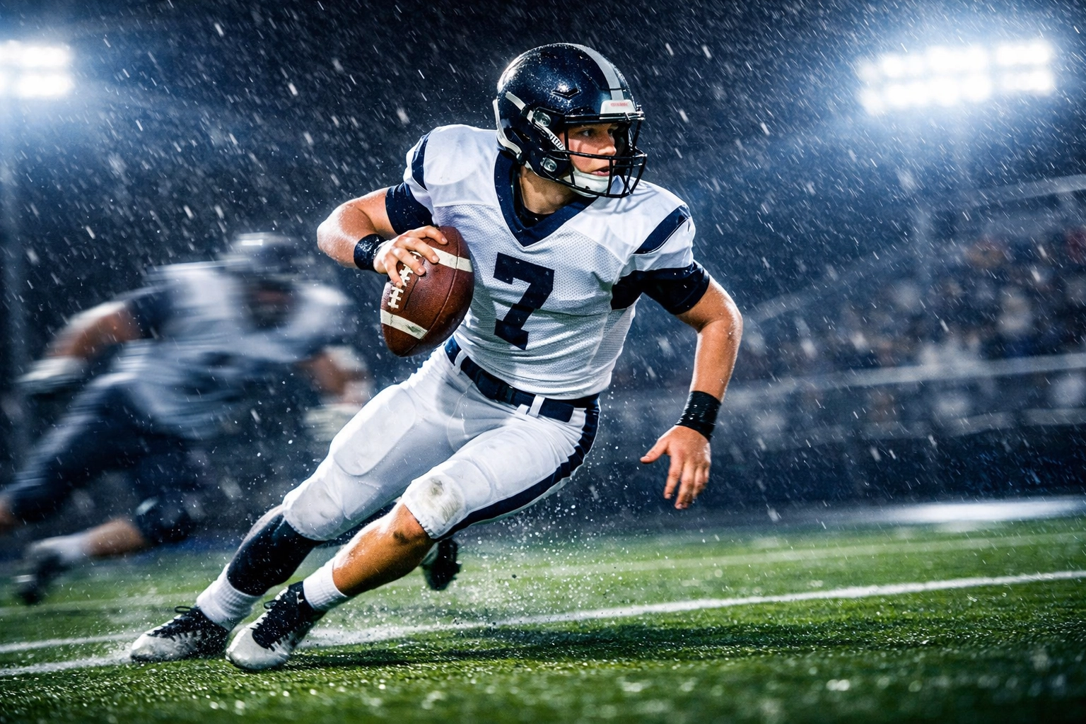 Dual-threat 2029 football prospect scrambling on the field under bright night stadium lights.