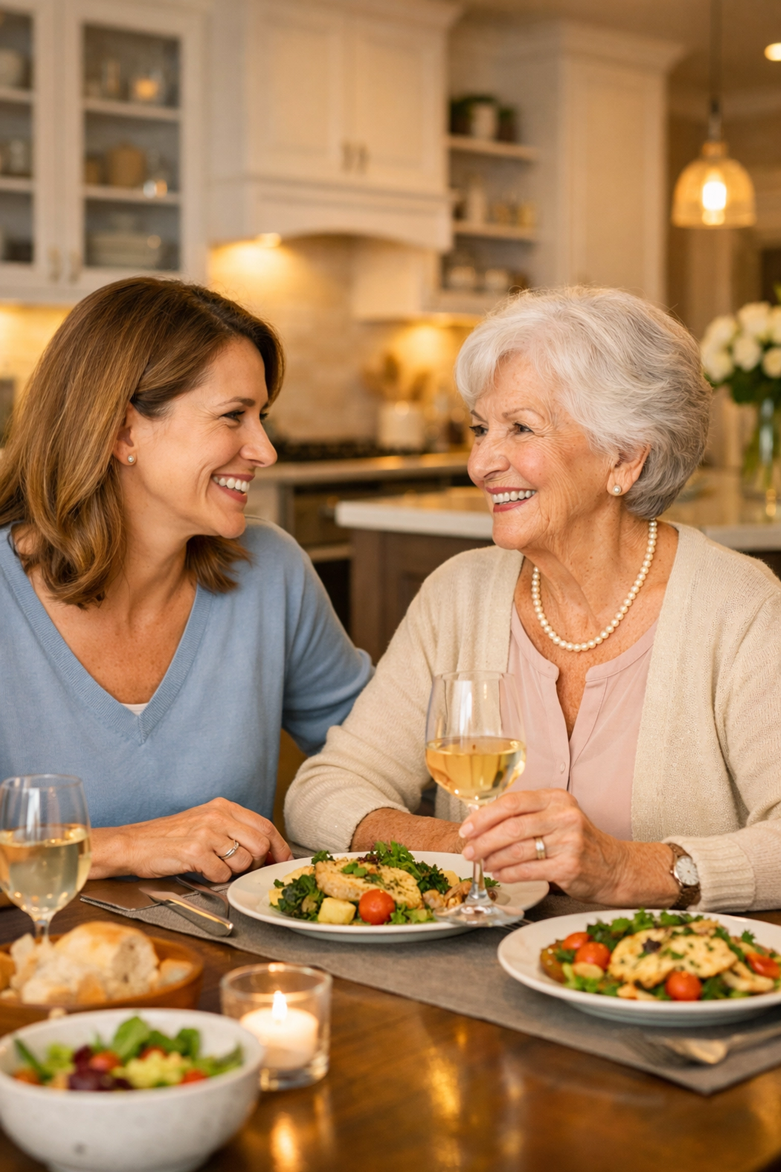 Independent senior and daughter enjoying a fresh meal at home in Evanston, highlighting the benefits of culinary care.