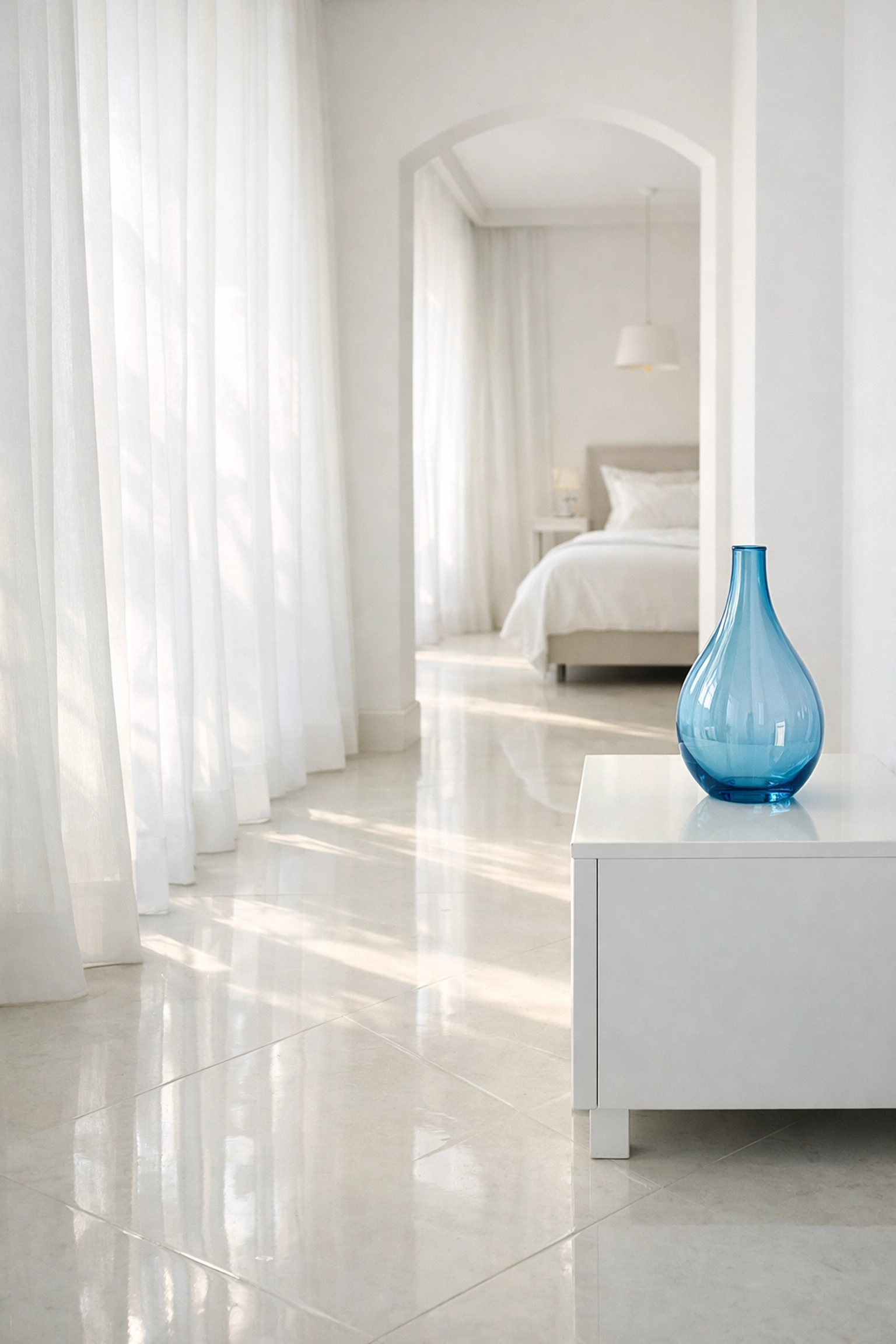 A serene, dust-free bedroom hallway in a Natick home following a professional cleaning service.