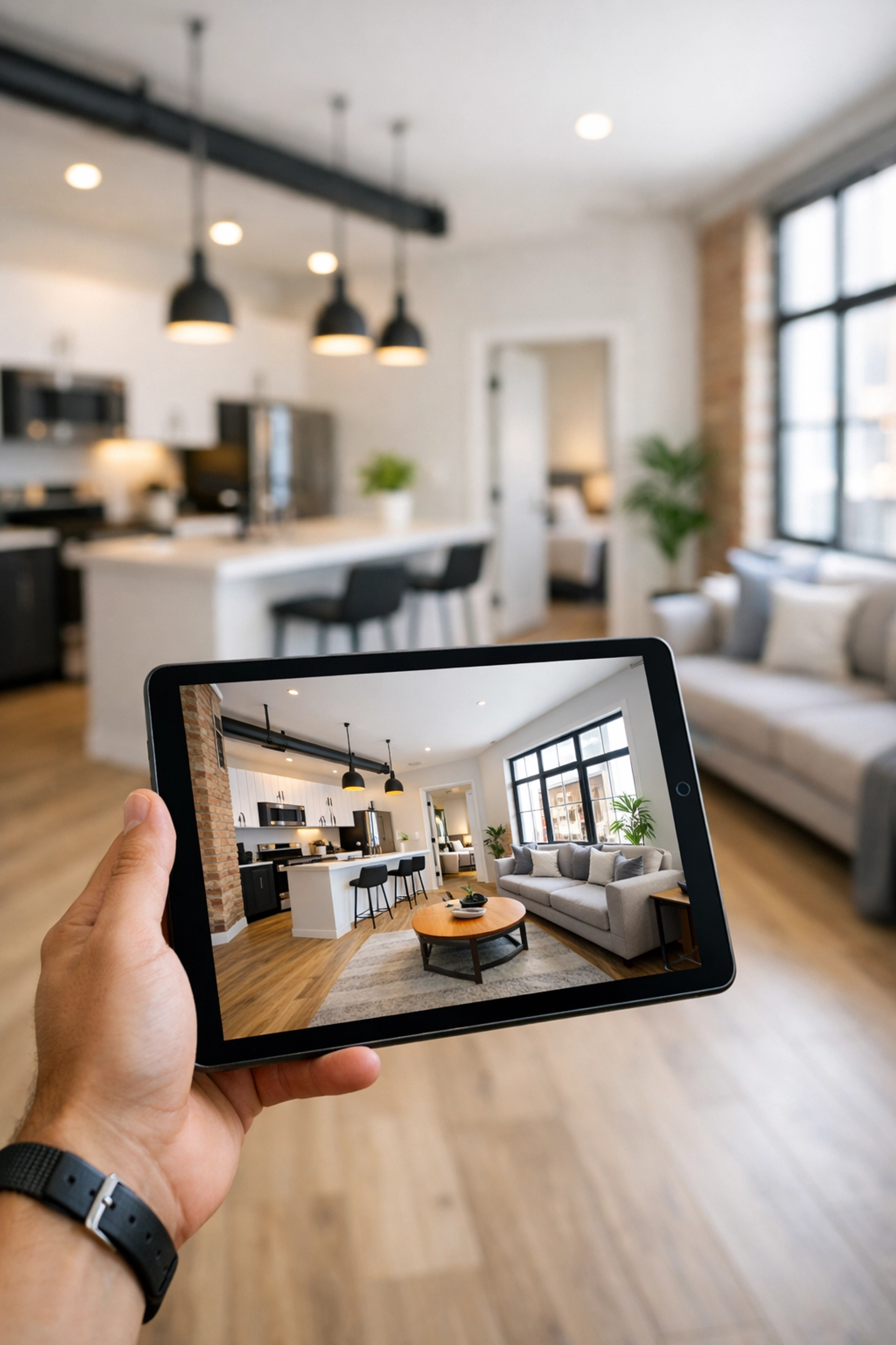 Digital tablet showing a 3D virtual tour of a renovated Detroit rental unit ready for leasing.