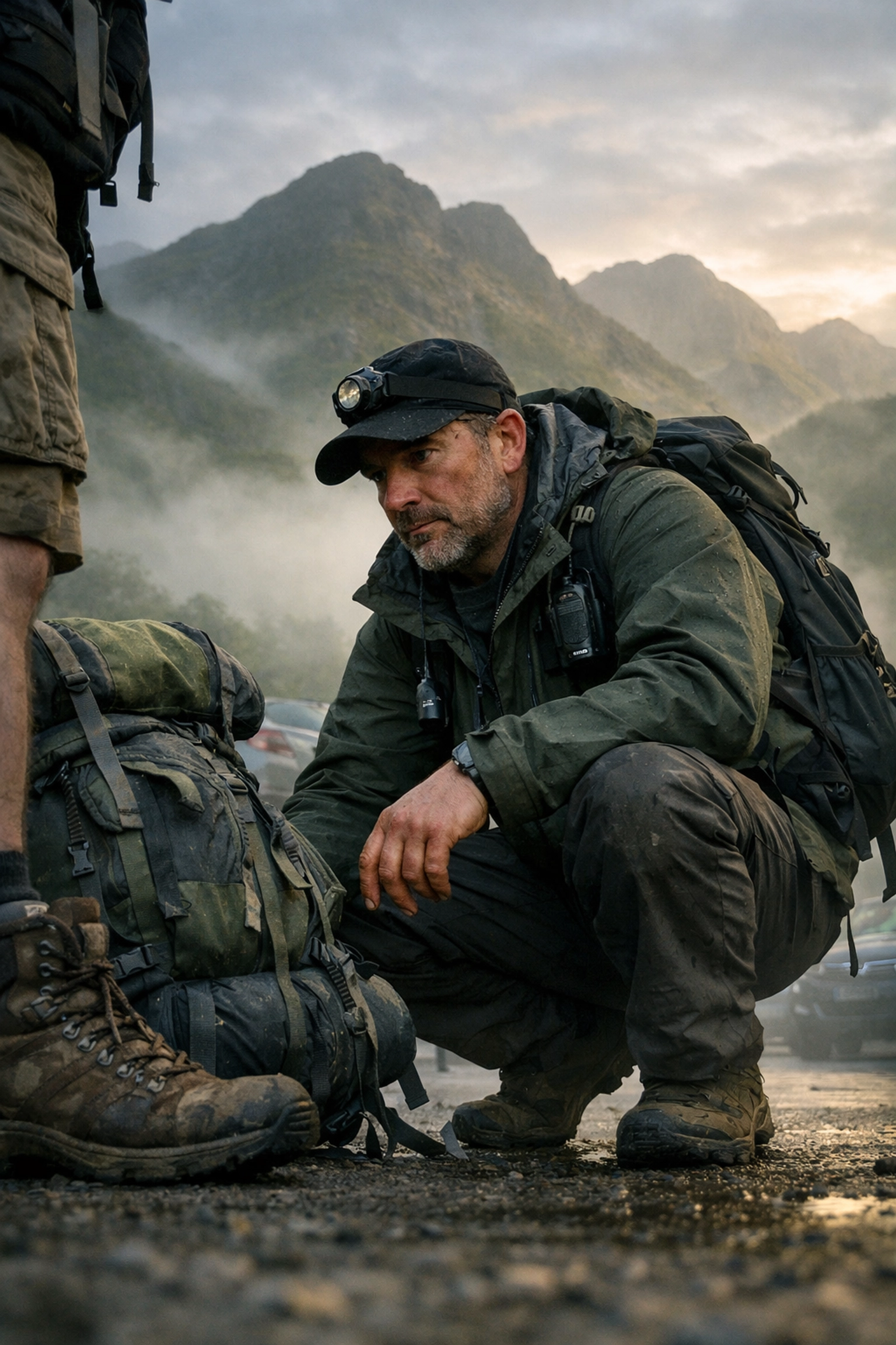 Hiking guide inspecting boots and gear before guided walking tour in Lake District