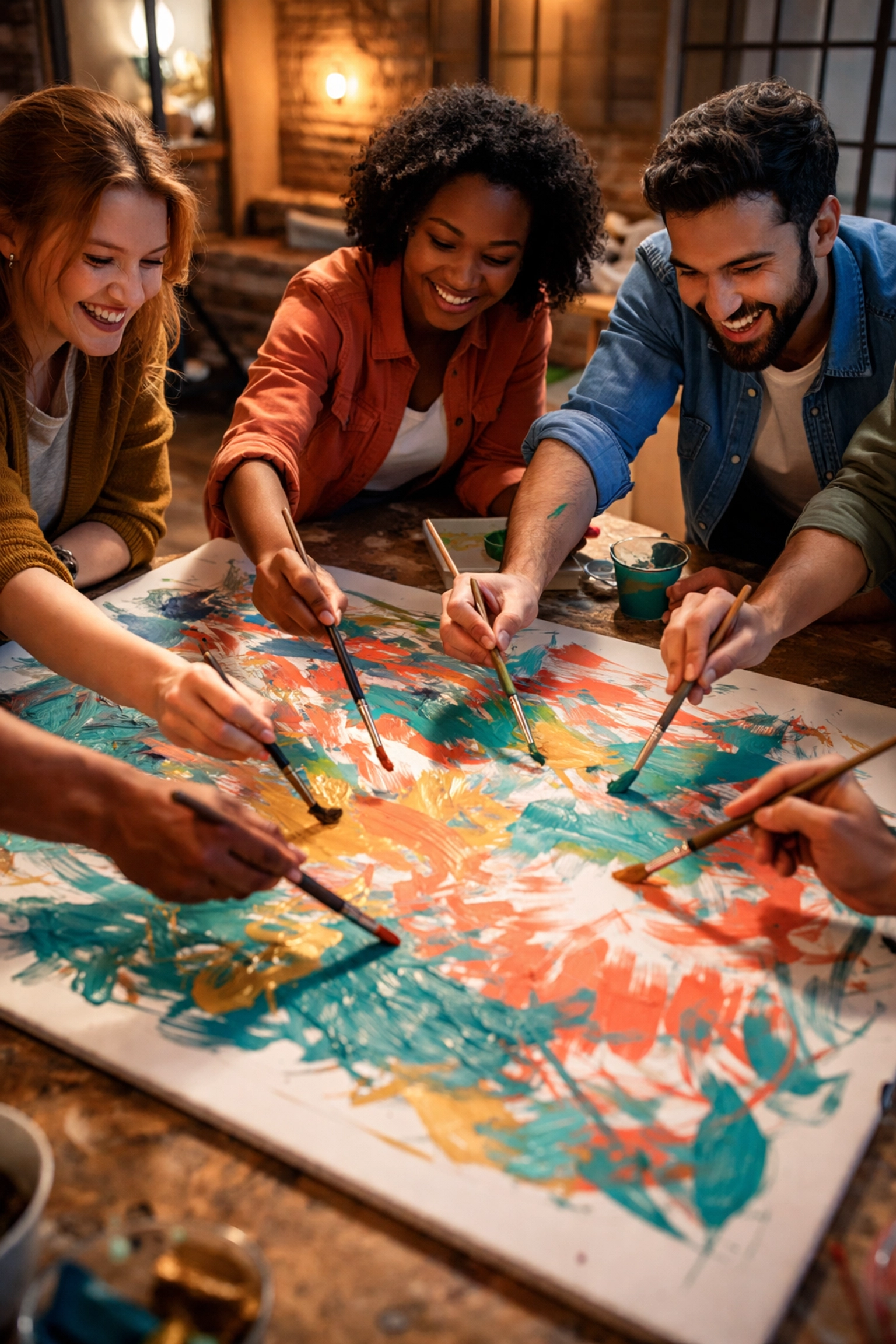 Diverse colleagues collaborating on a shared canvas during a creative team building workshop