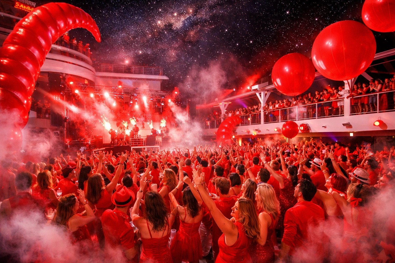 Group of friends dancing at the vibrant Virgin Voyages Scarlet Night party on the ship deck.