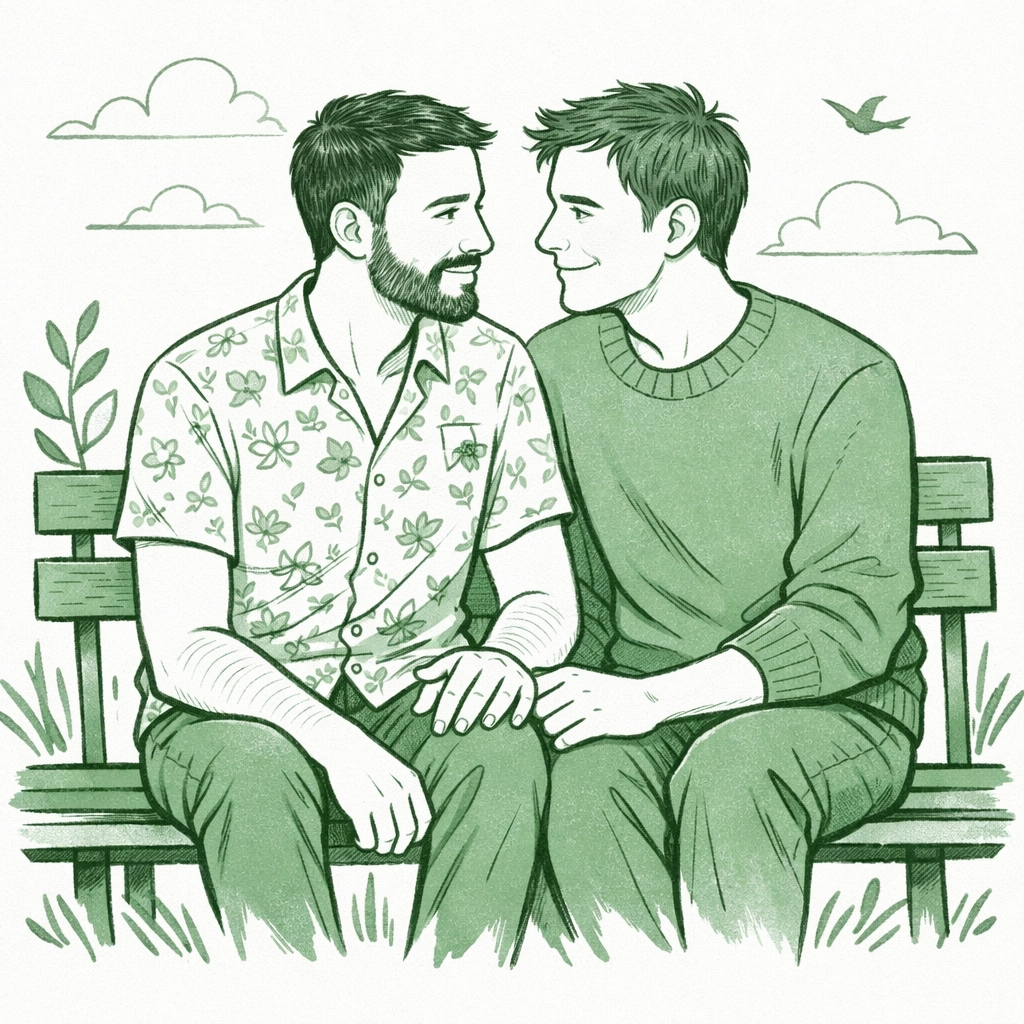 Affectionate MM couple sharing a moment, illustrating authentic gender expression and romantic connection.