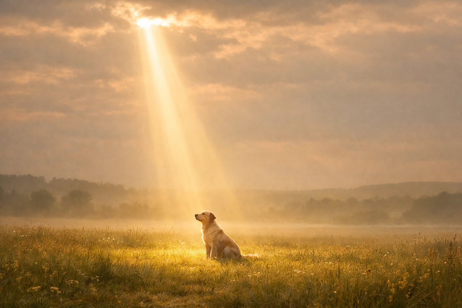 A serene dog sitting in a field under a sunbeam, representing God's compassion and providence.