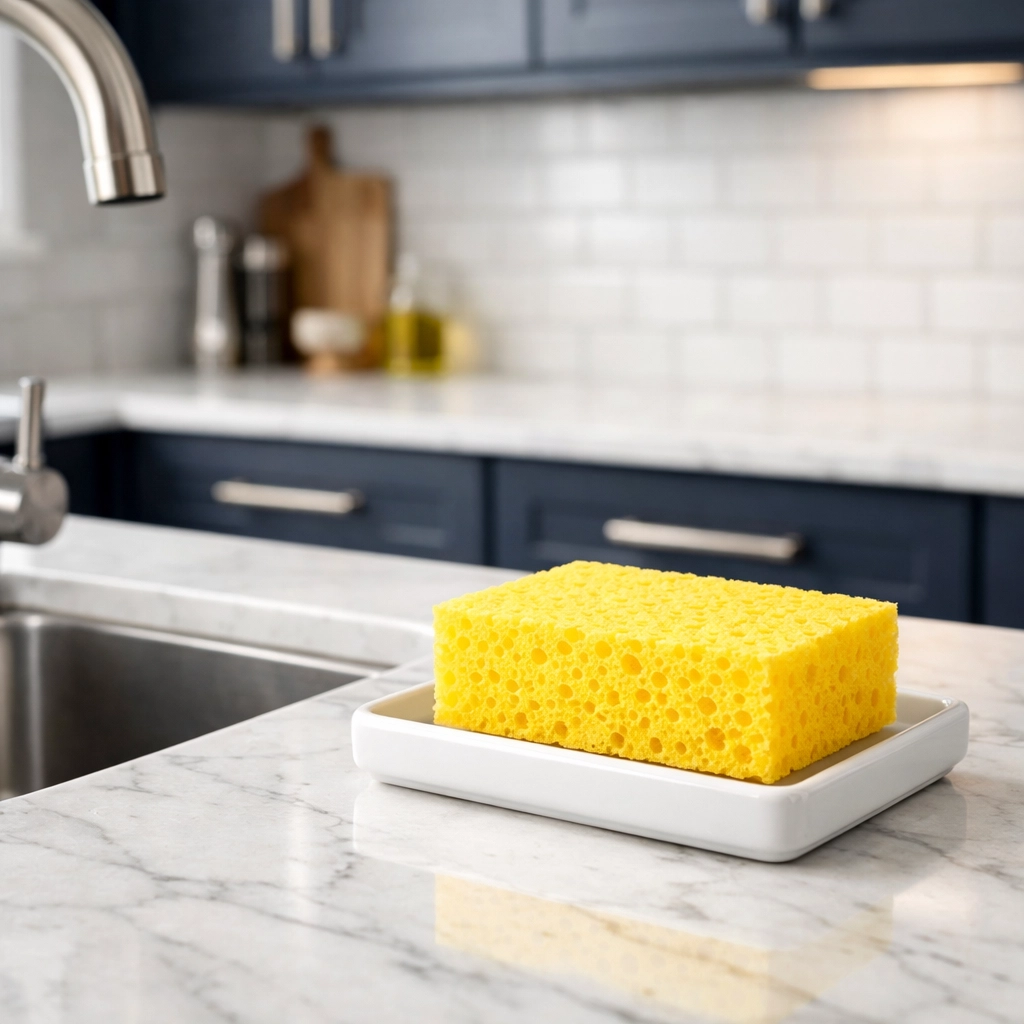 Yellow kitchen sponge on a white marble countertop next to a sink, ready to be sanitized.