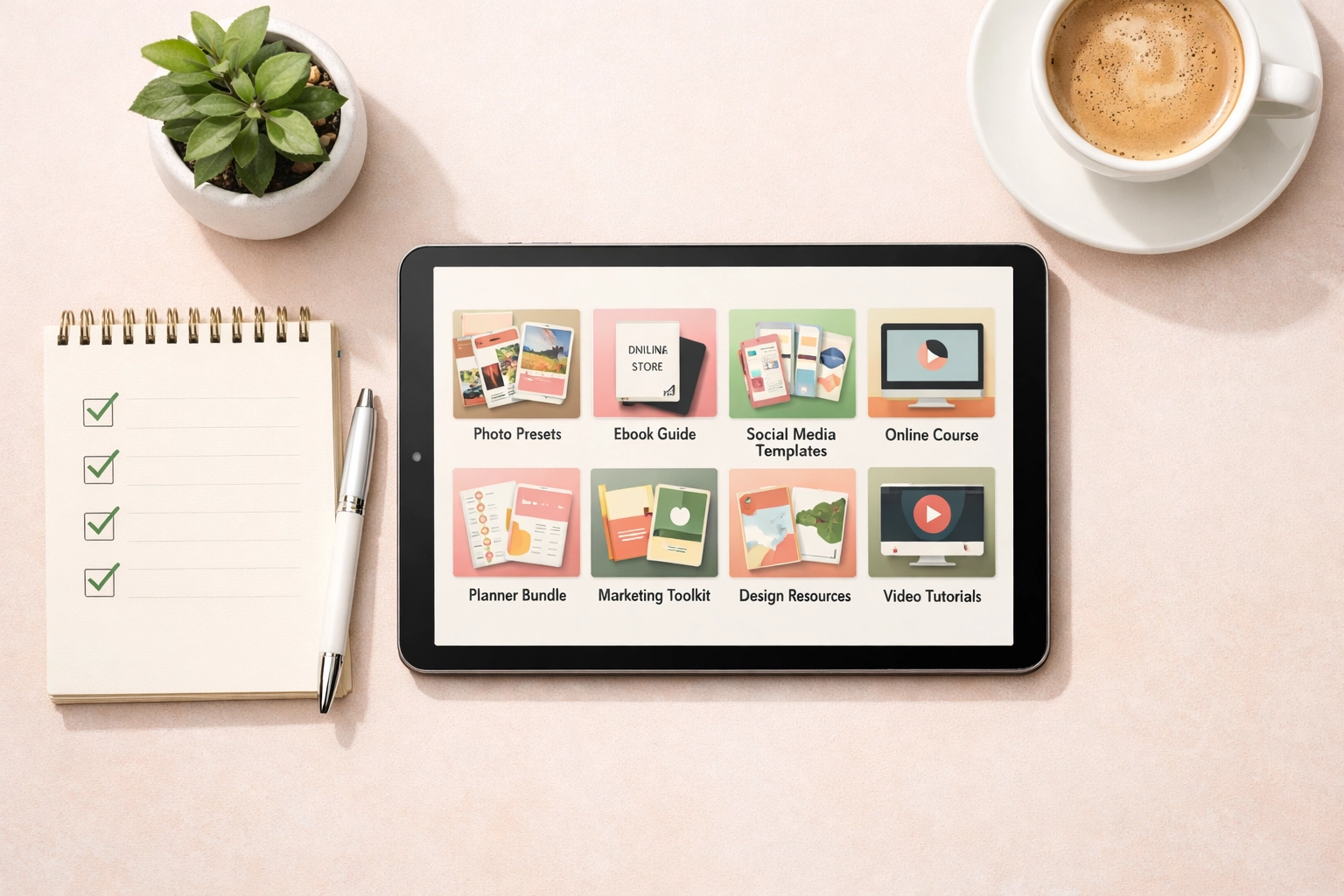 Organized workspace setup for planning and curating digital products to sell online