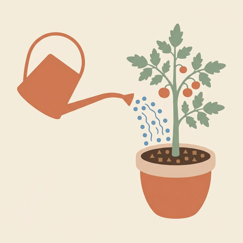 Watering can pouring water at the base of a tomato plant in a mulched raised bed to prevent disease.