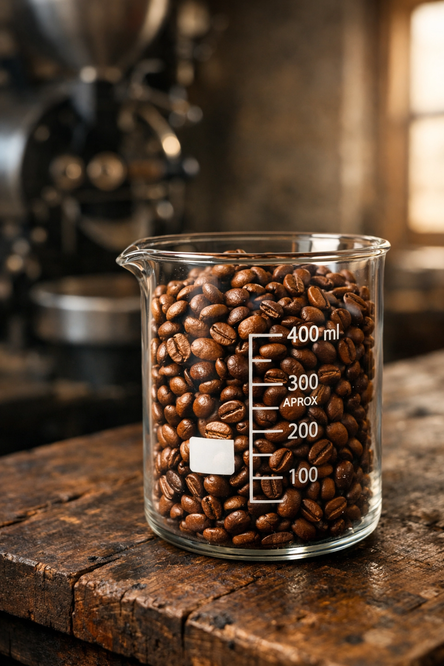 Lab-tested specialty coffee beans in a glass beaker showcasing the Peacemaker clean coffee standard.