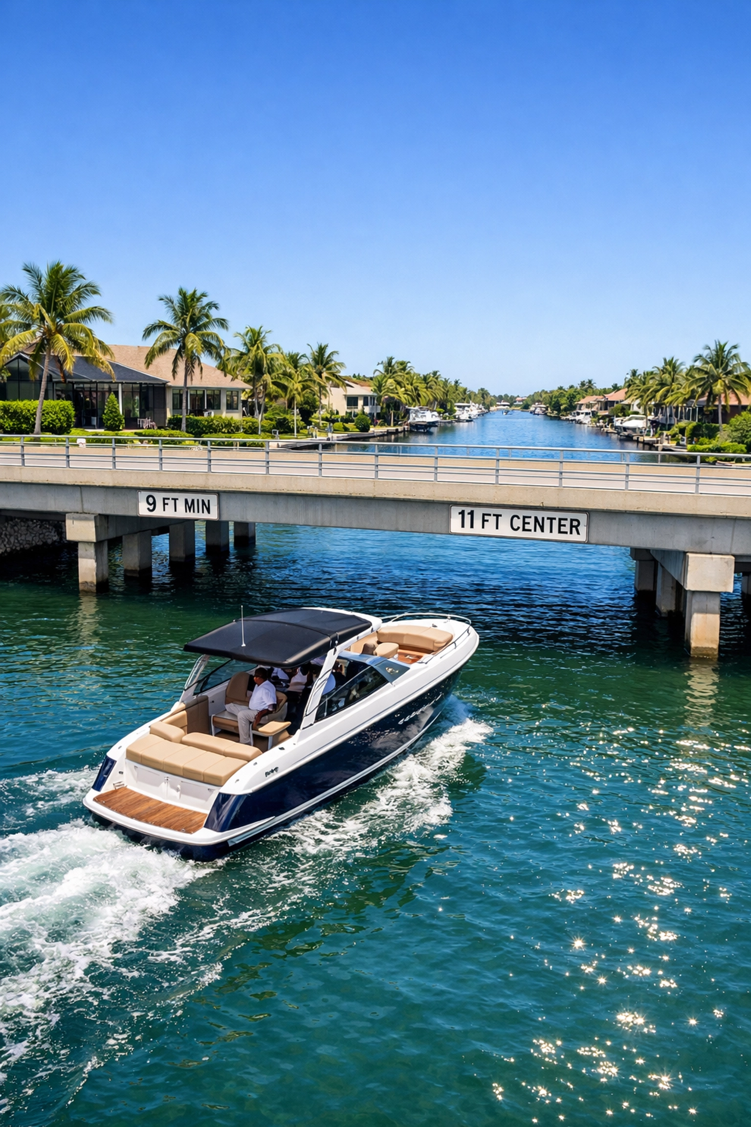 A motorboat navigating a Cape Coral canal under a bridge, illustrating access for SWFL waterfront homes.