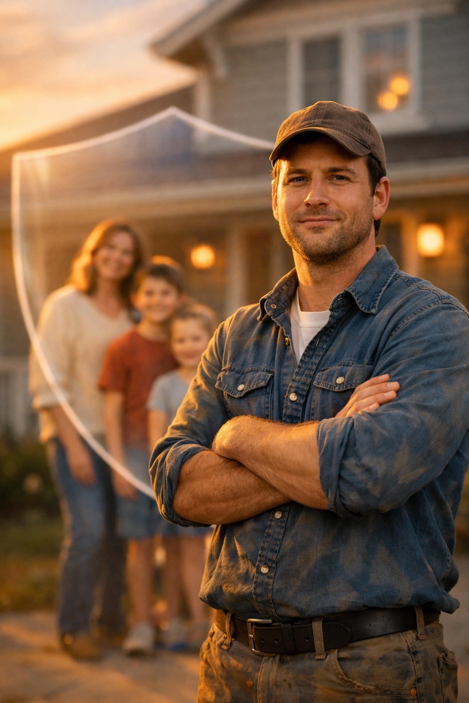 Family protected by term life insurance standing confidently in front of their home