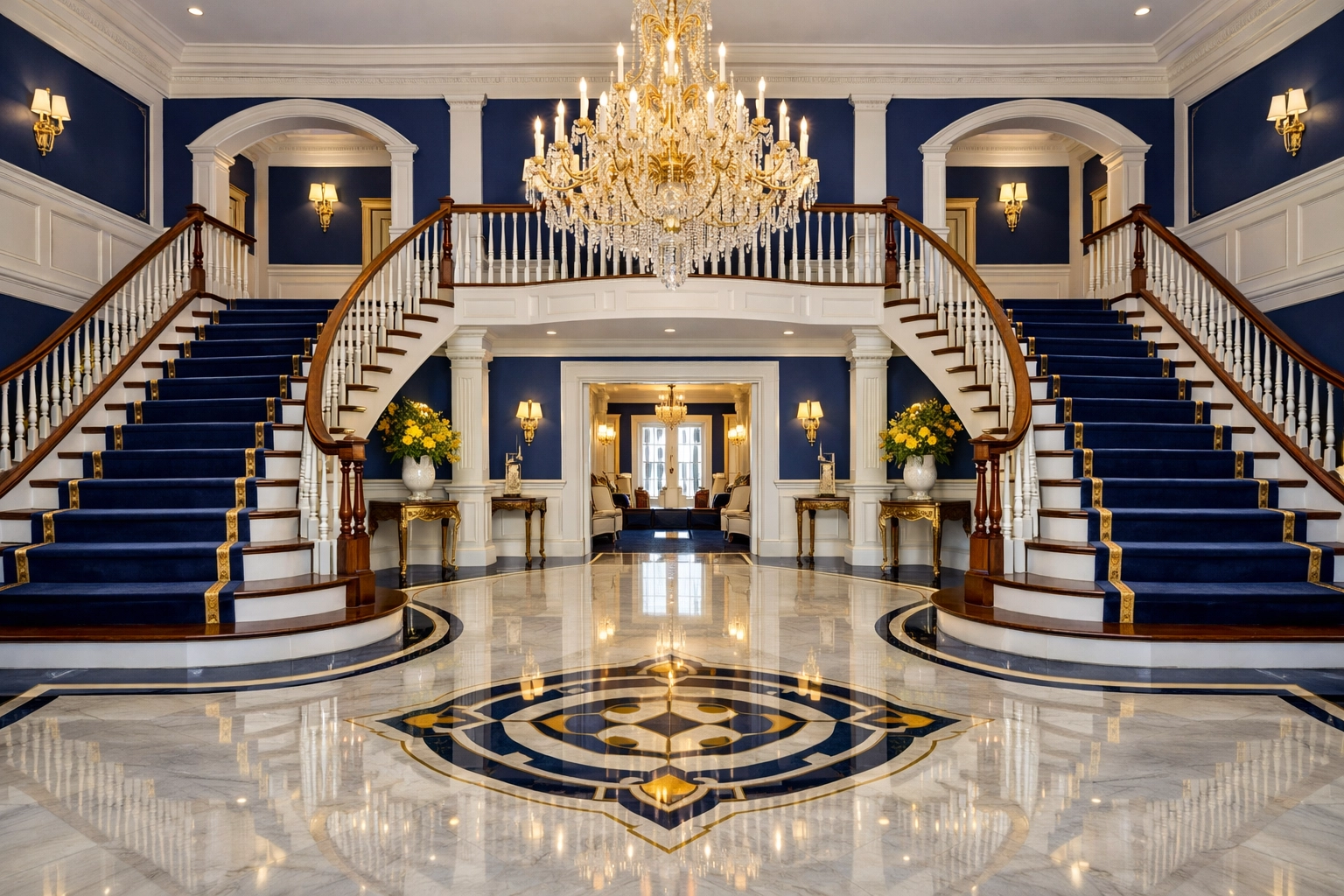 Spotless marble foyer and grand staircase following premium residential cleaning Massachusetts services in a Dover estate.