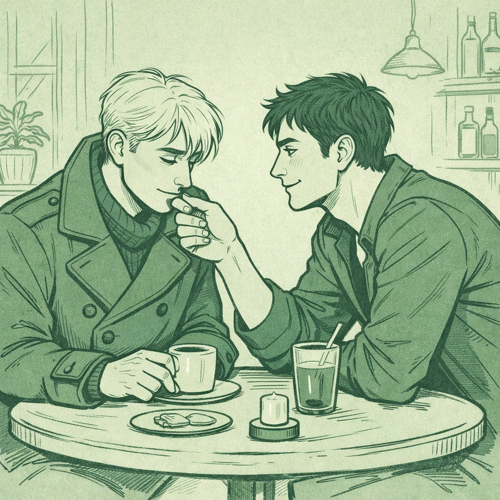 Intimate first date between two men in a cafe, a common theme in popular gay romance books.