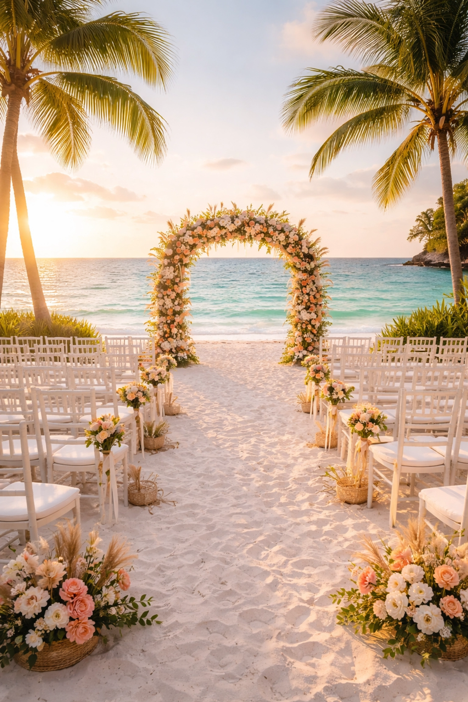 Romantic beach wedding ceremony setup with white chairs, a floral arch, and ocean view at sunset for destination weddings