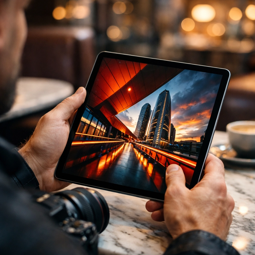 A professional photographer reviewing high-end commercial work on a tablet to attract premium photography clients.