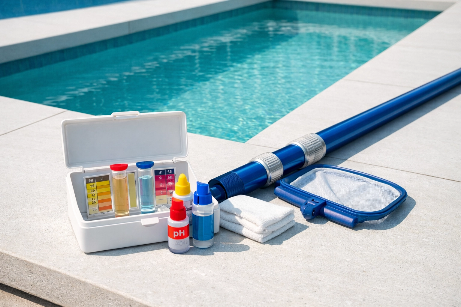 Professional pool service equipment on a clean deck representing a streamlined and profitable pool business.