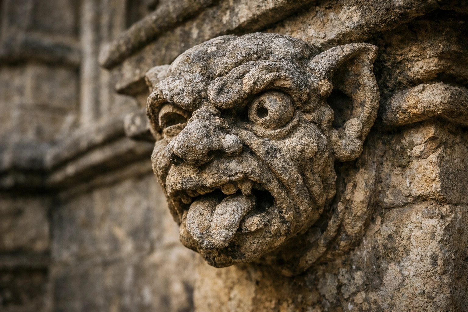 A historic medieval stone grotesque carving at St. Peter’s Church in Winchcombe, Cotswolds.
